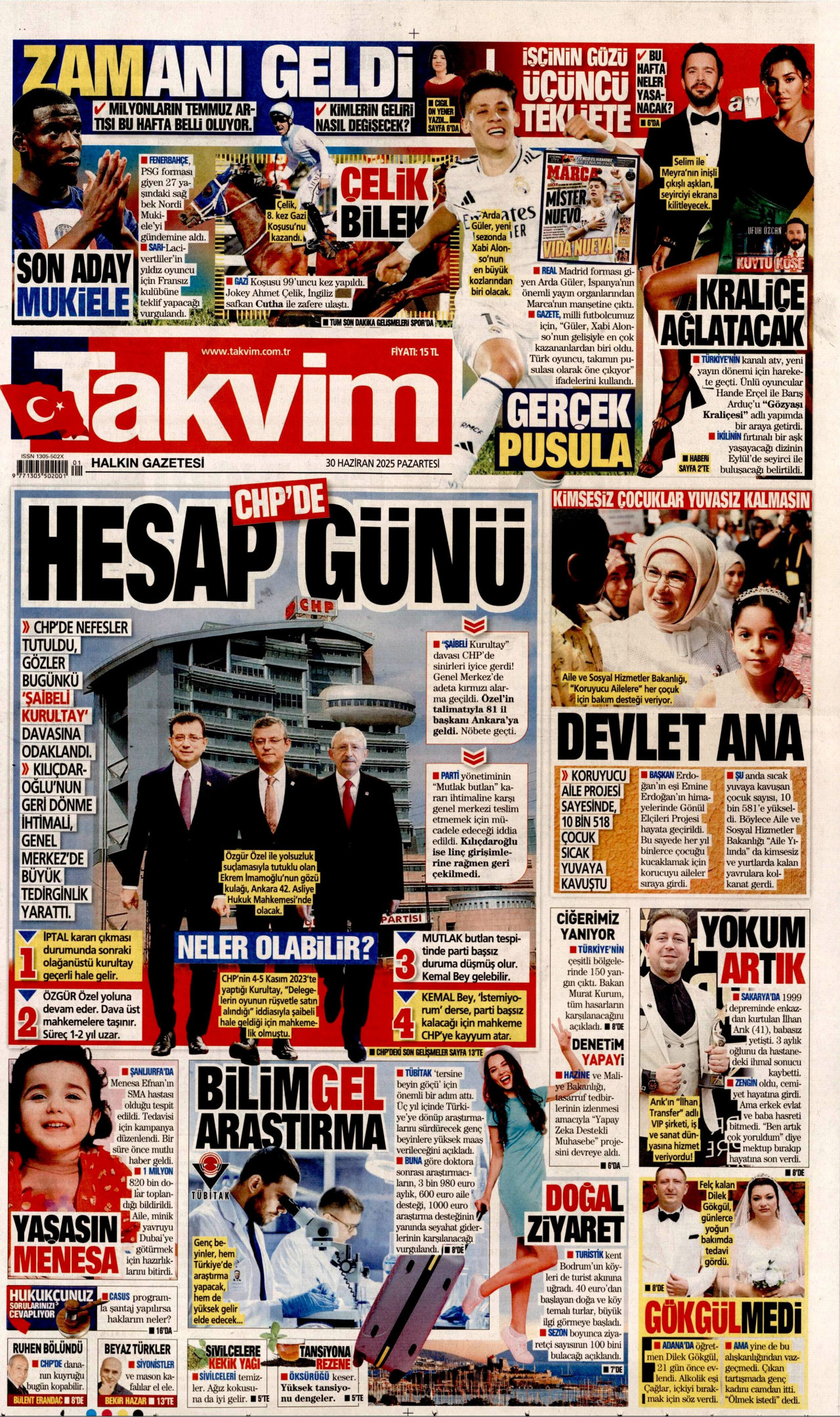 TAKVİM gazetesinin 30 Haziran 2025 tarihli birinci sayfası