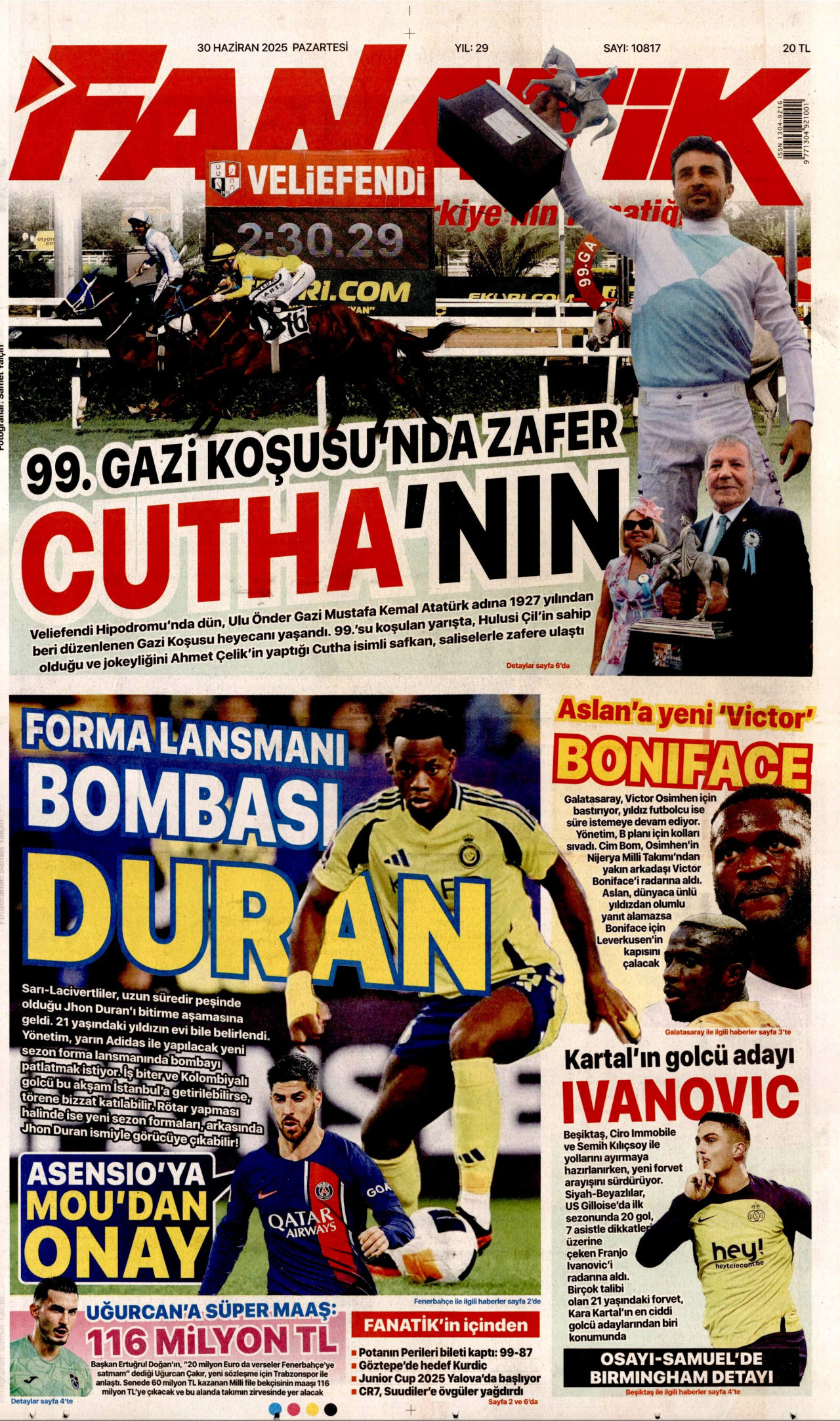 FANATİK gazetesinin 30 Haziran 2025 tarihli birinci sayfası