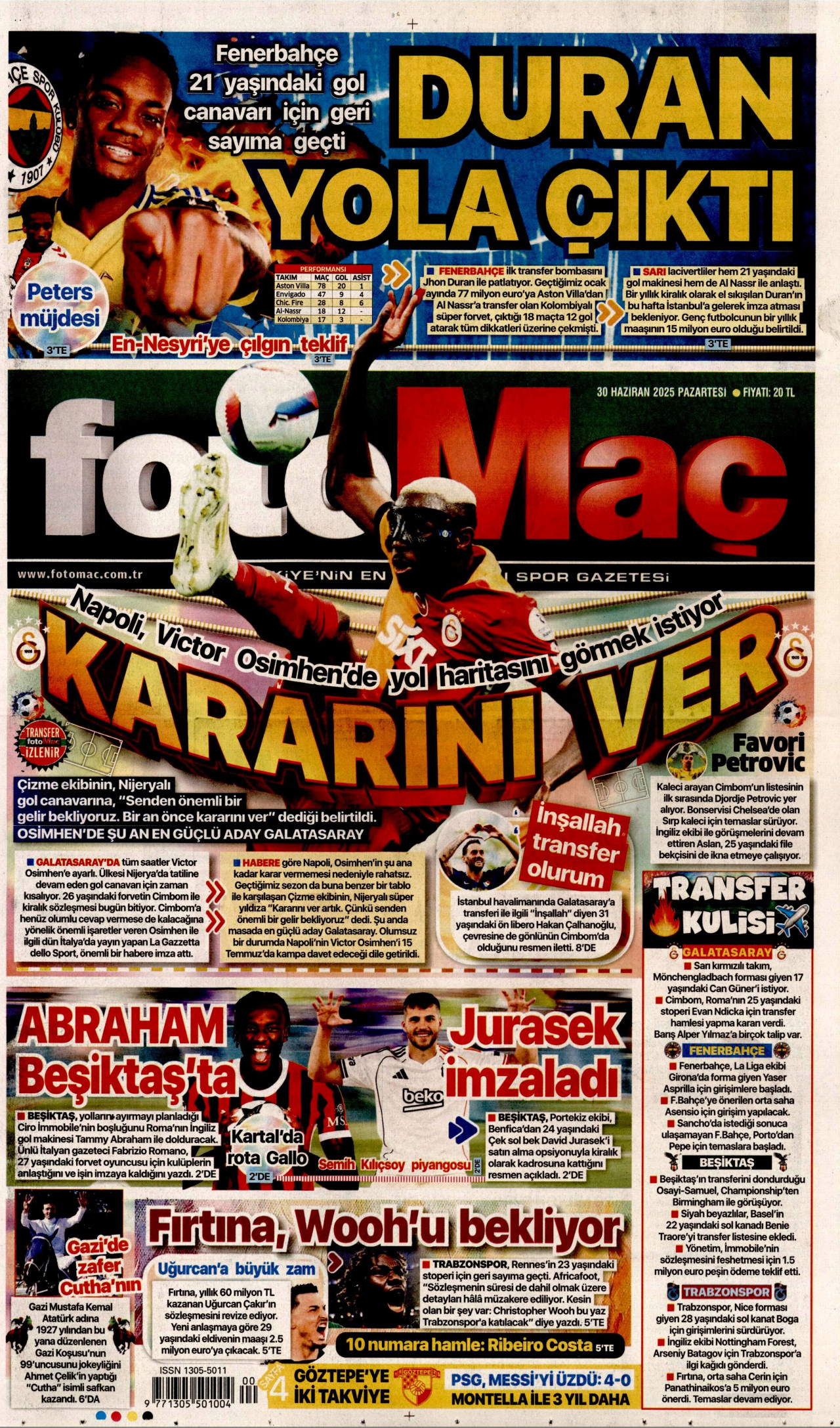 FOTOMAÇ gazetesinin 30 Haziran 2025 tarihli birinci sayfası