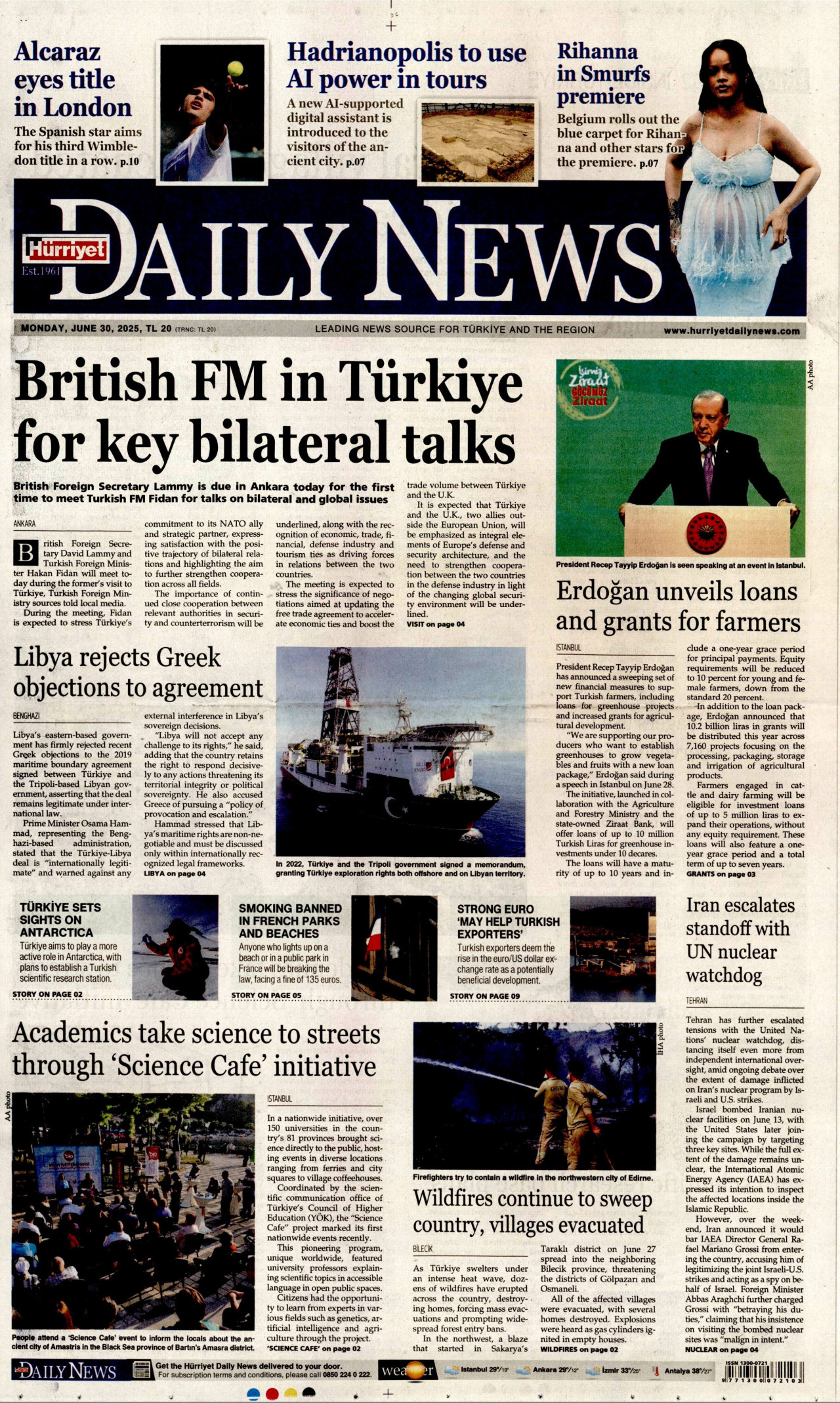 HÜRRİYET DAİLY NEWS gazetesinin 30 Haziran 2025 tarihli birinci sayfası