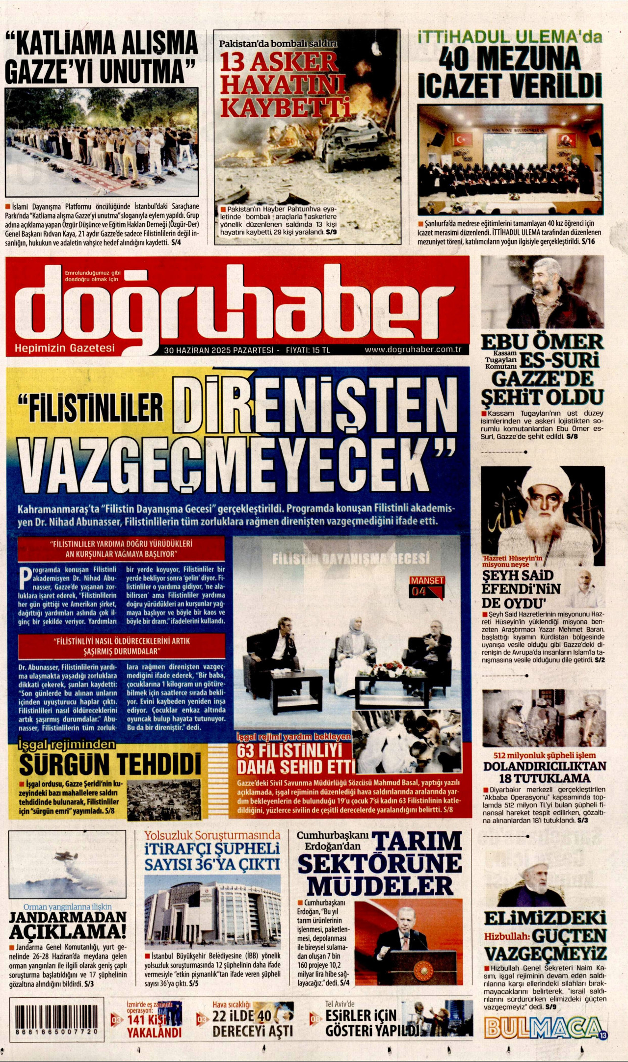 DOĞRU HABER gazetesinin 30 Haziran 2025 tarihli birinci sayfası