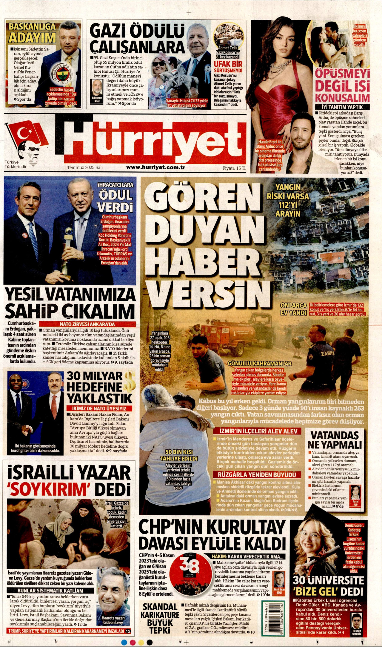 HÜRRİYET gazetesinin 1 Temmuz 2025 tarihli birinci sayfası
