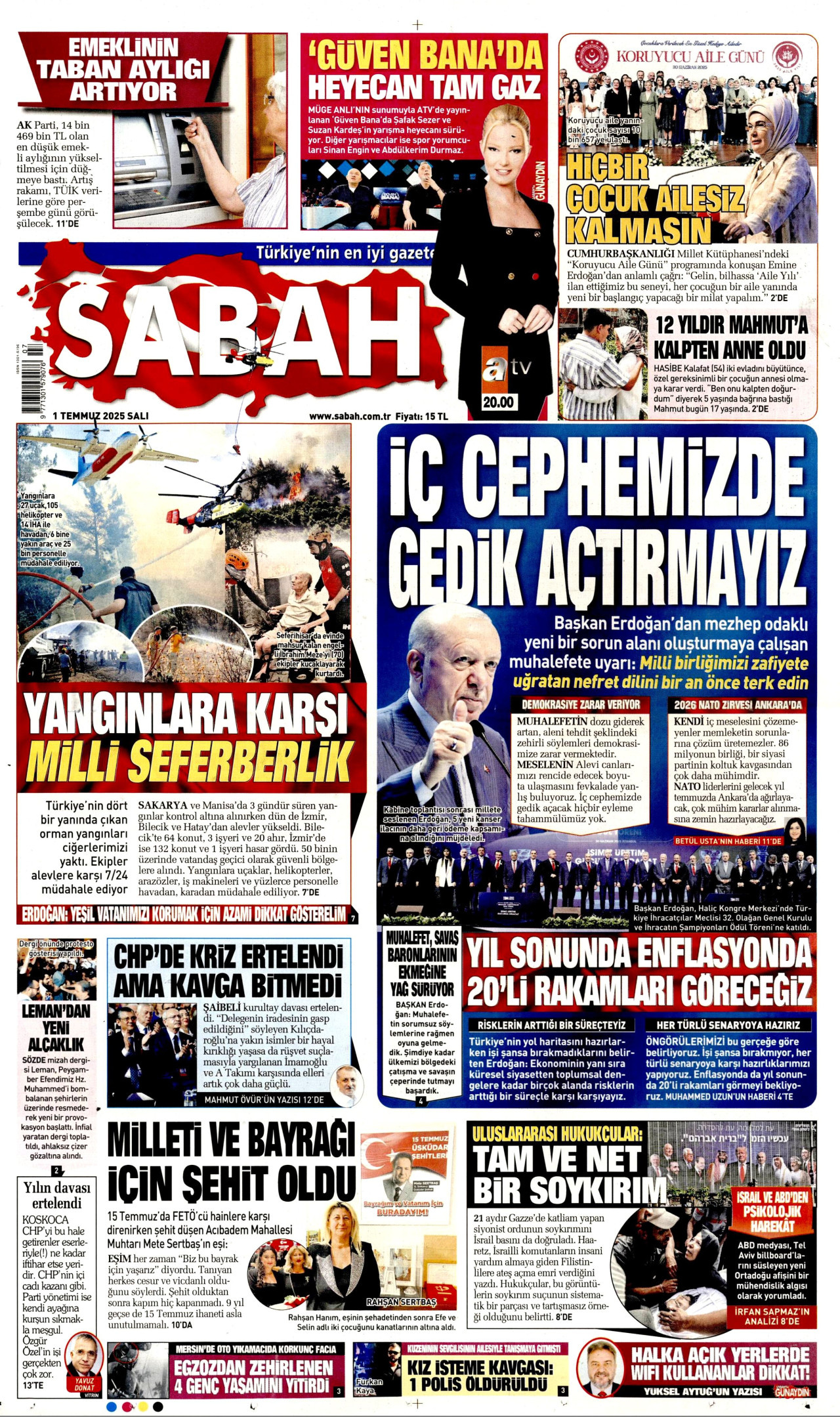 SABAH gazetesinin 1 Temmuz 2025 tarihli birinci sayfası