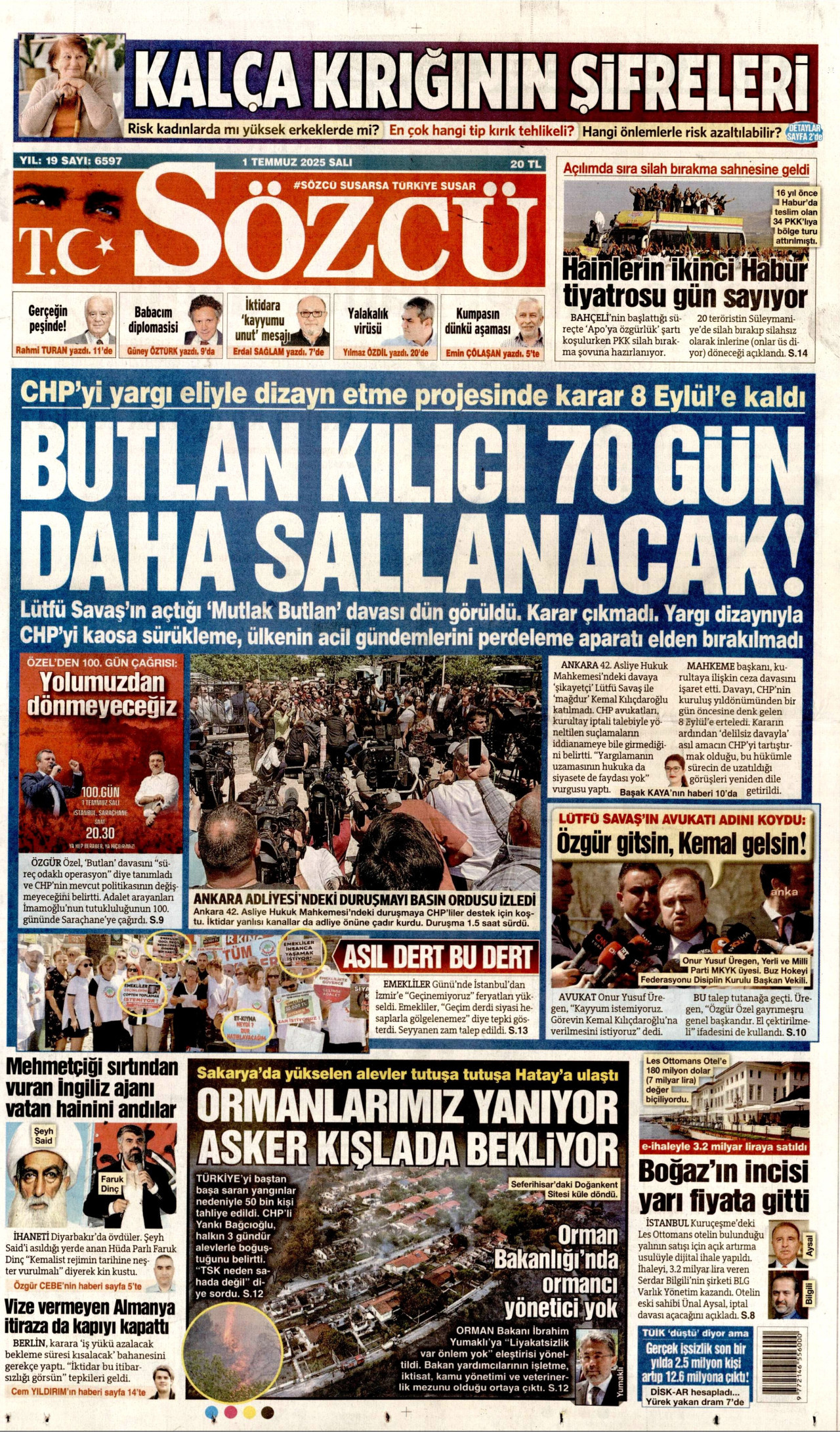 SÖZCÜ gazetesinin 1 Temmuz 2025 tarihli birinci sayfası