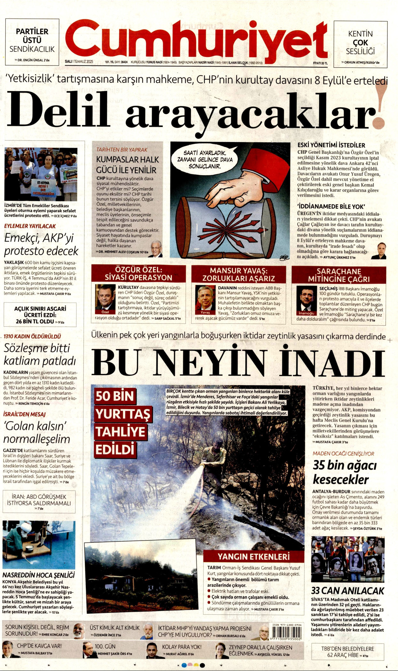 CUMHURİYET gazetesinin 1 Temmuz 2025 tarihli birinci sayfası