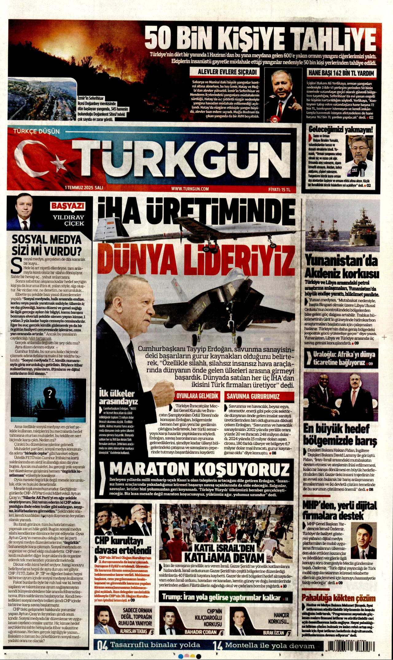 TÜRKGÜN gazetesinin 1 Temmuz 2025 tarihli birinci sayfası