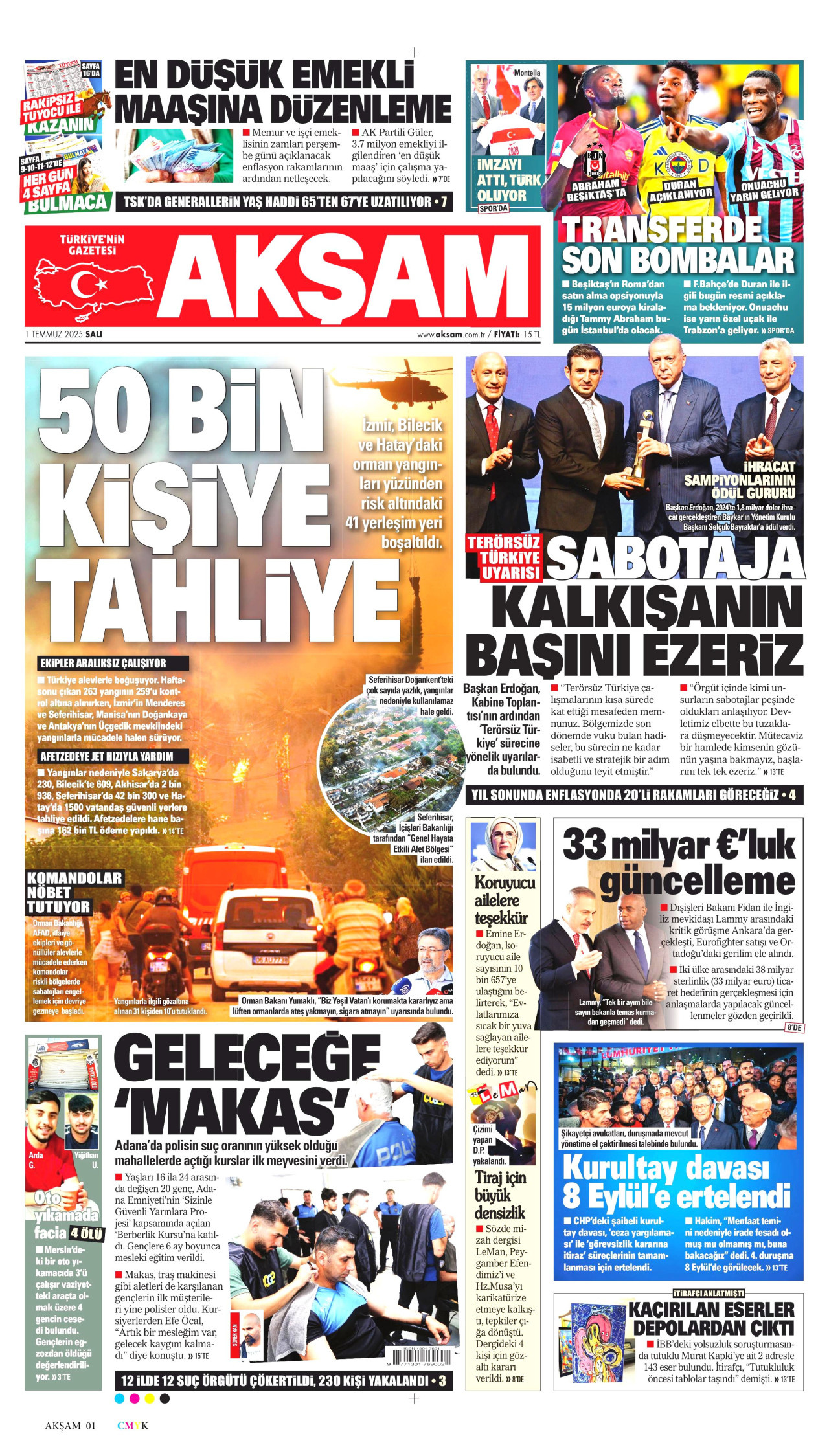AKŞAM gazetesinin 1 Temmuz 2025 tarihli birinci sayfası