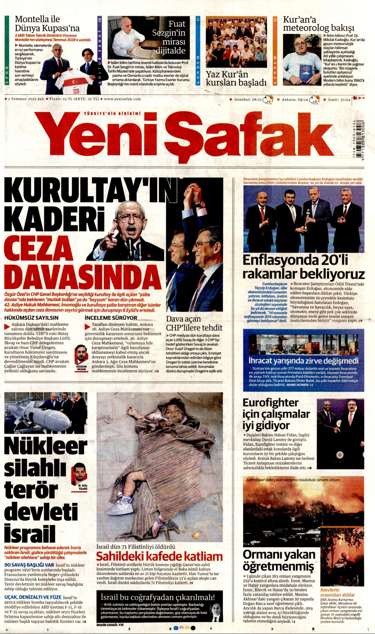 YENİ ŞAFAK gazetesinin 1 Temmuz 2025 tarihli birinci sayfası
