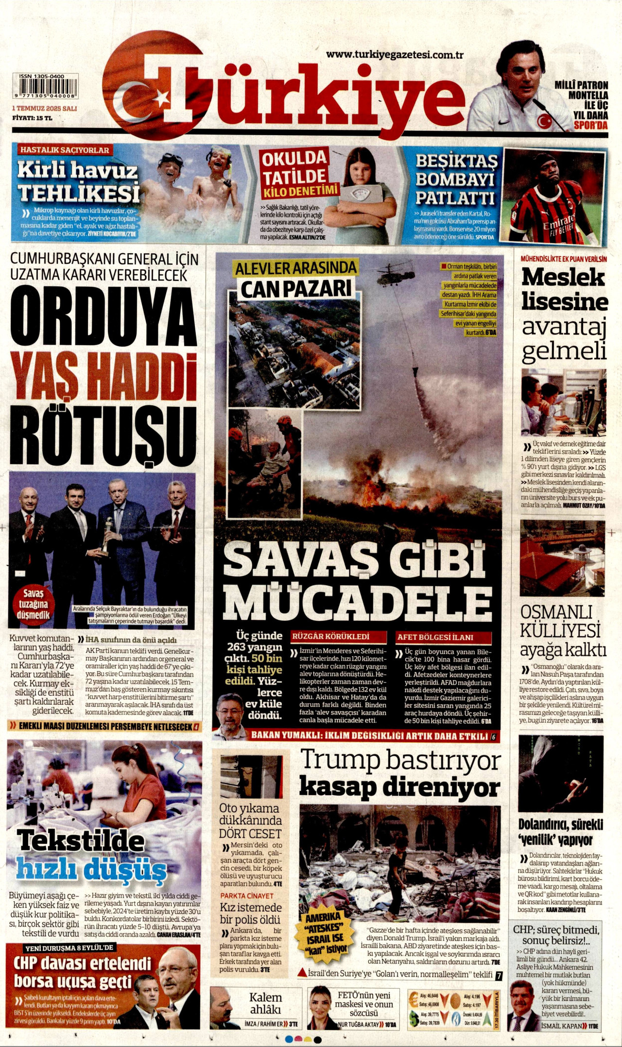 TÜRKİYE GAZETESİ gazetesinin 1 Temmuz 2025 tarihli birinci sayfası