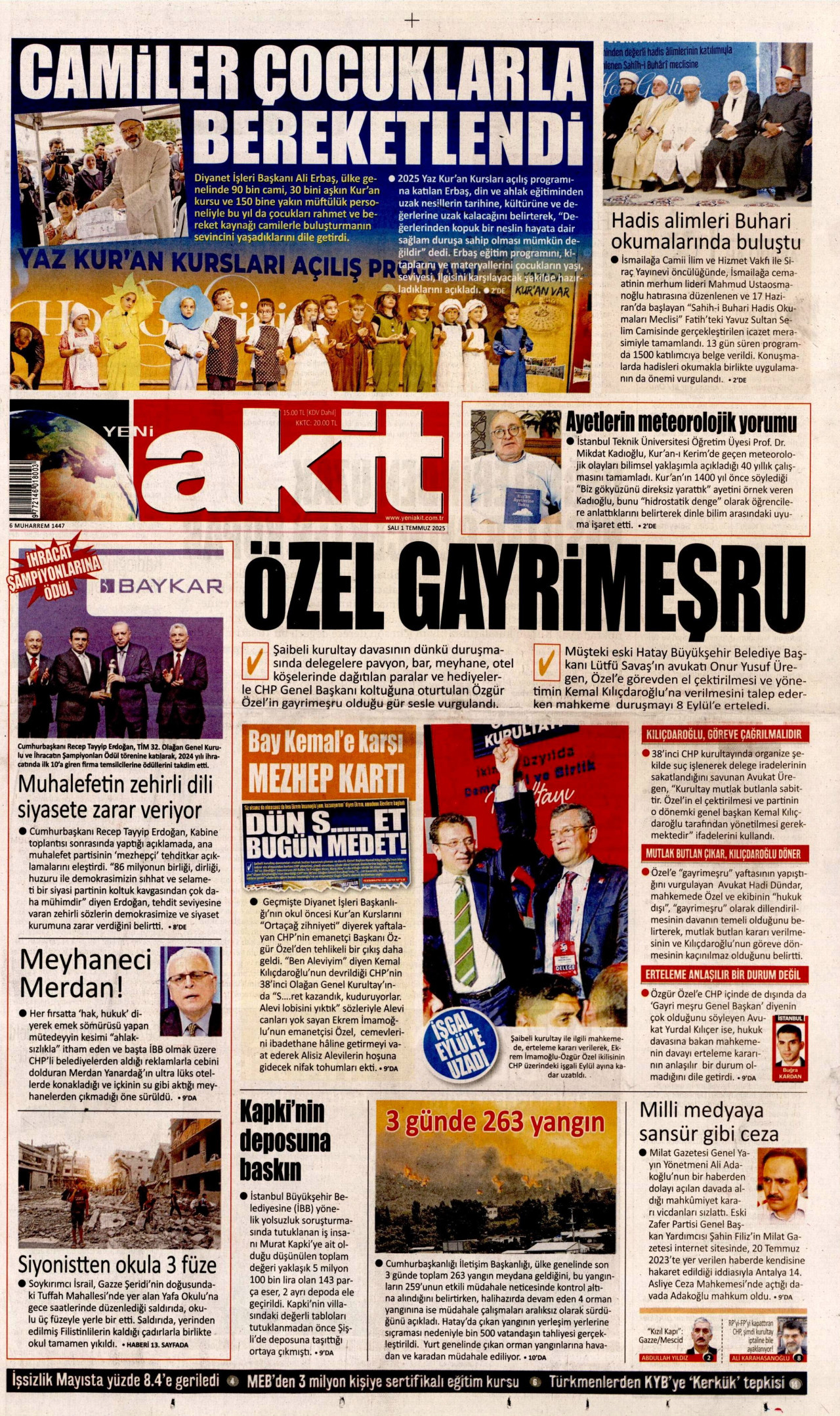 YENİ AKİT gazetesinin 1 Temmuz 2025 tarihli birinci sayfası