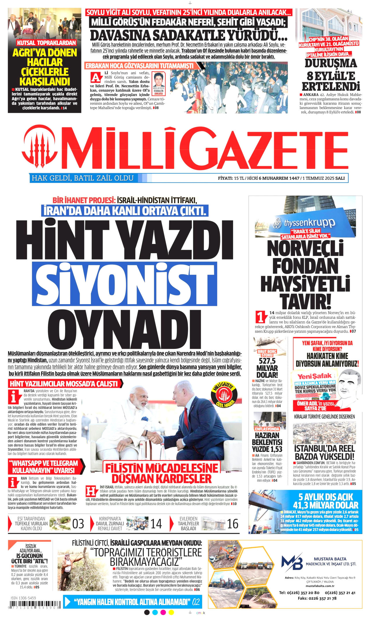 MİLLİ GAZETE gazetesinin 1 Temmuz 2025 tarihli birinci sayfası