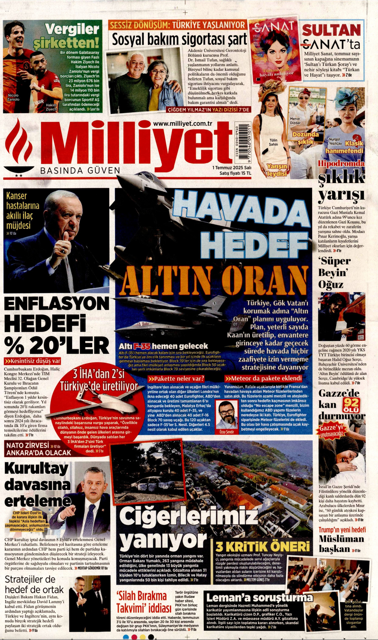 MİLLİYET gazetesinin 1 Temmuz 2025 tarihli birinci sayfası