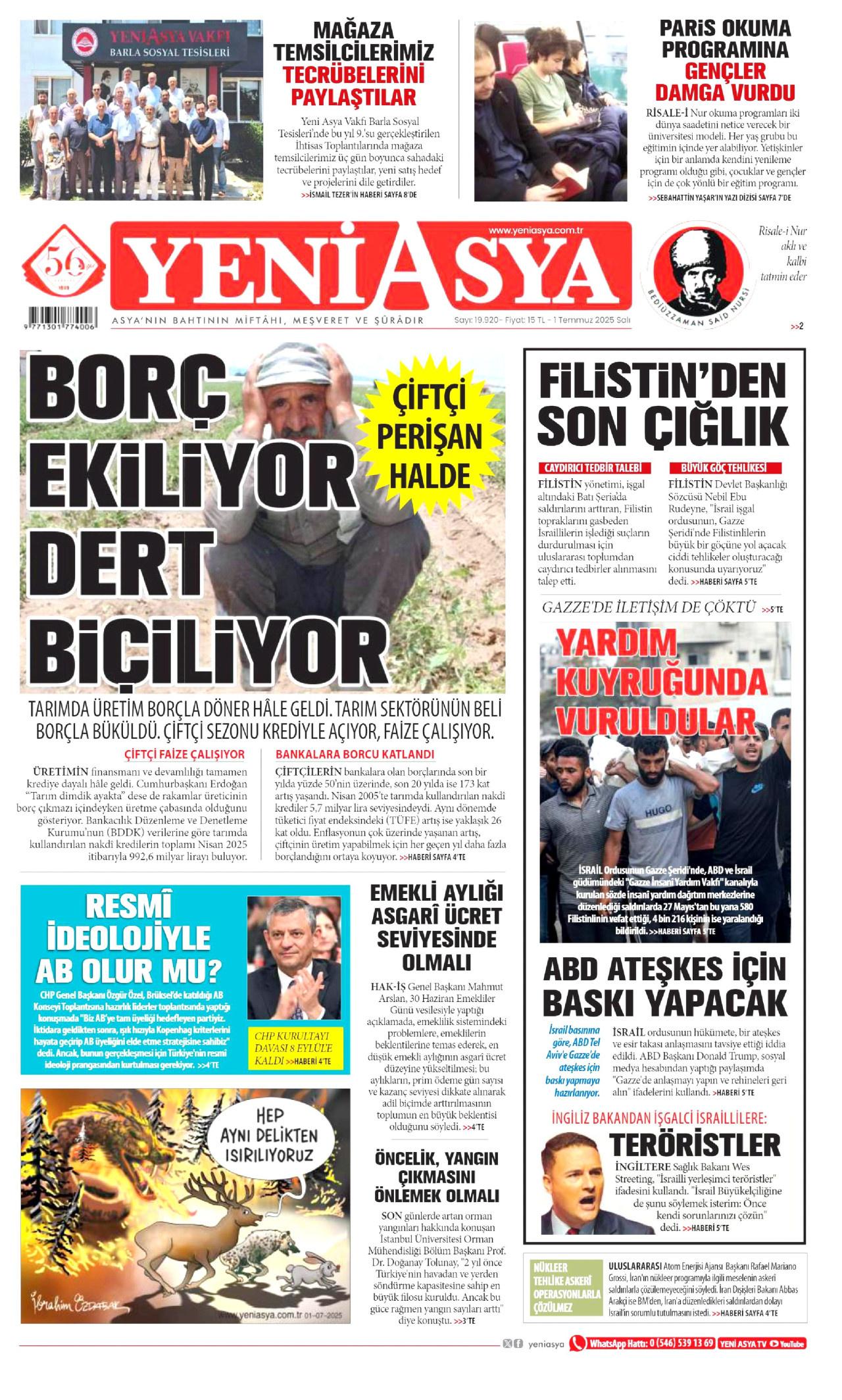 YENİ ASYA gazetesinin 1 Temmuz 2025 tarihli birinci sayfası
