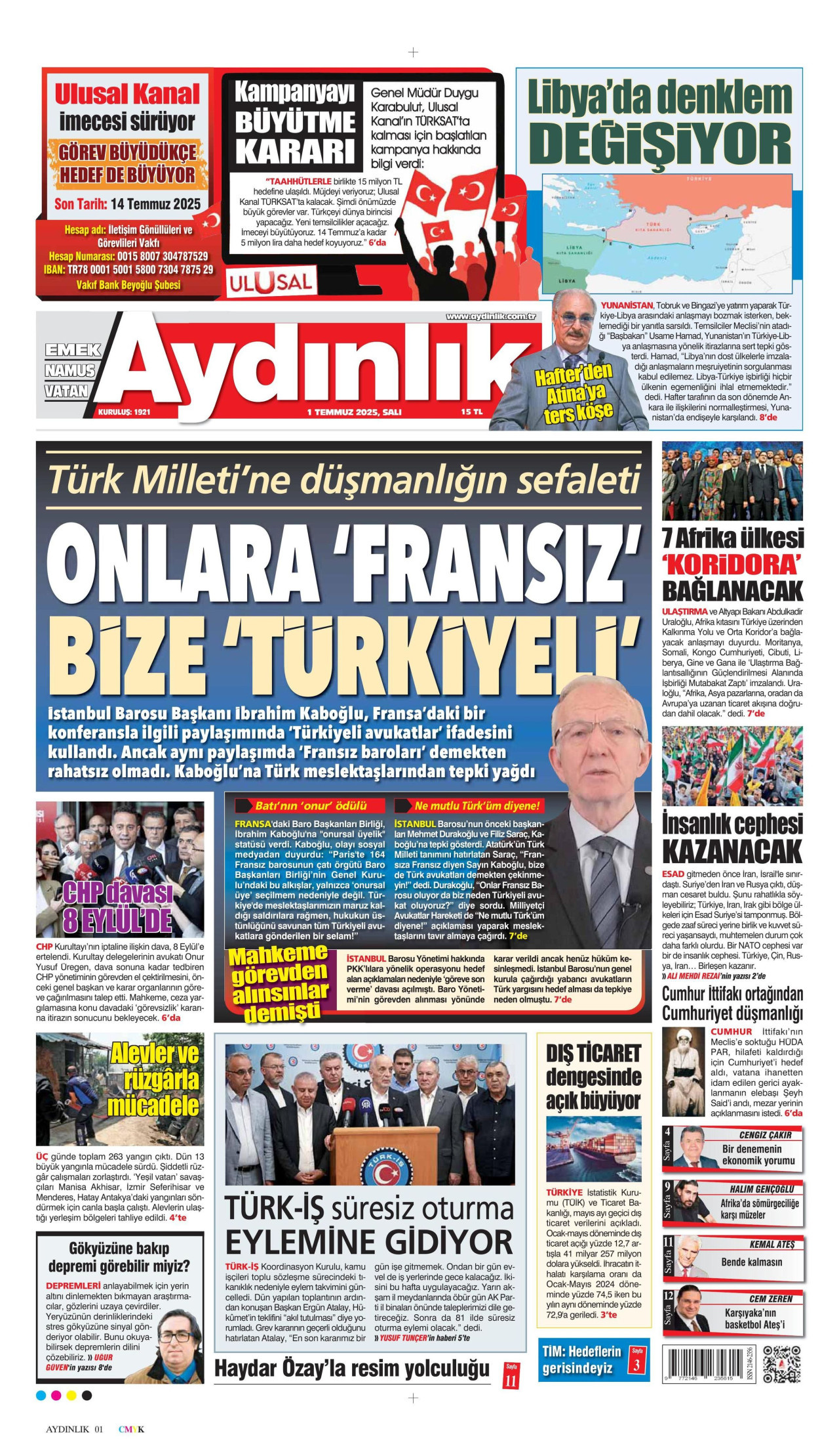 AYDINLIK GAZETESİ gazetesinin 1 Temmuz 2025 tarihli birinci sayfası