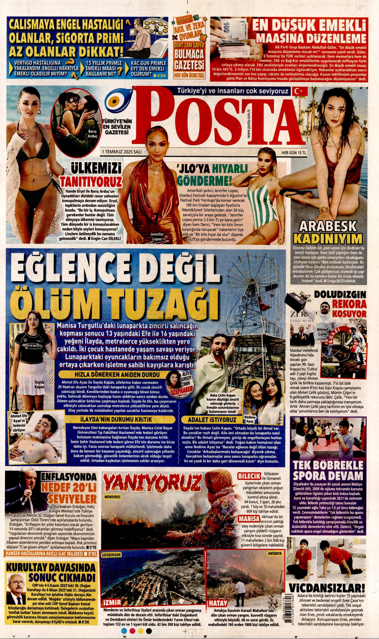 POSTA gazetesinin 1 Temmuz 2025 tarihli birinci sayfası