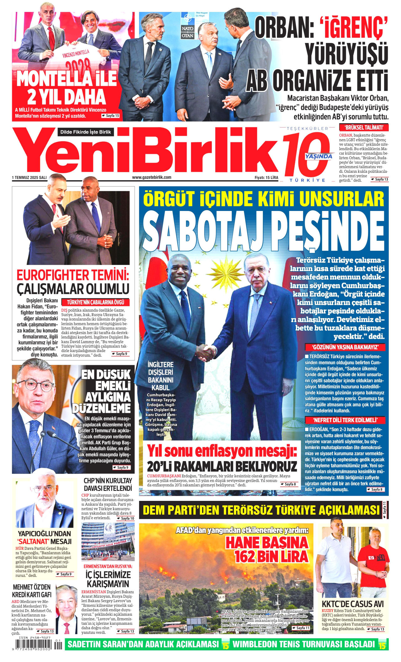 YENİBİRLİK gazetesinin 1 Temmuz 2025 tarihli birinci sayfası
