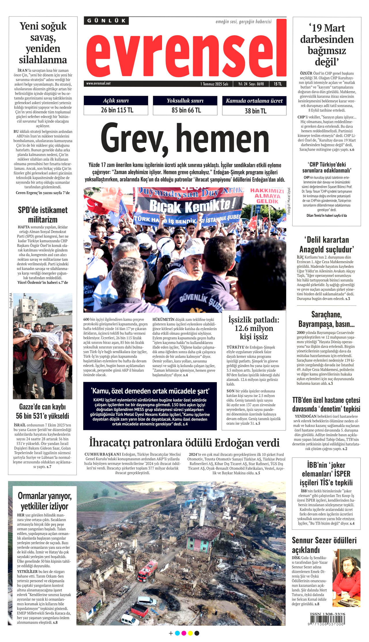 EVRENSEL gazetesinin 1 Temmuz 2025 tarihli birinci sayfası