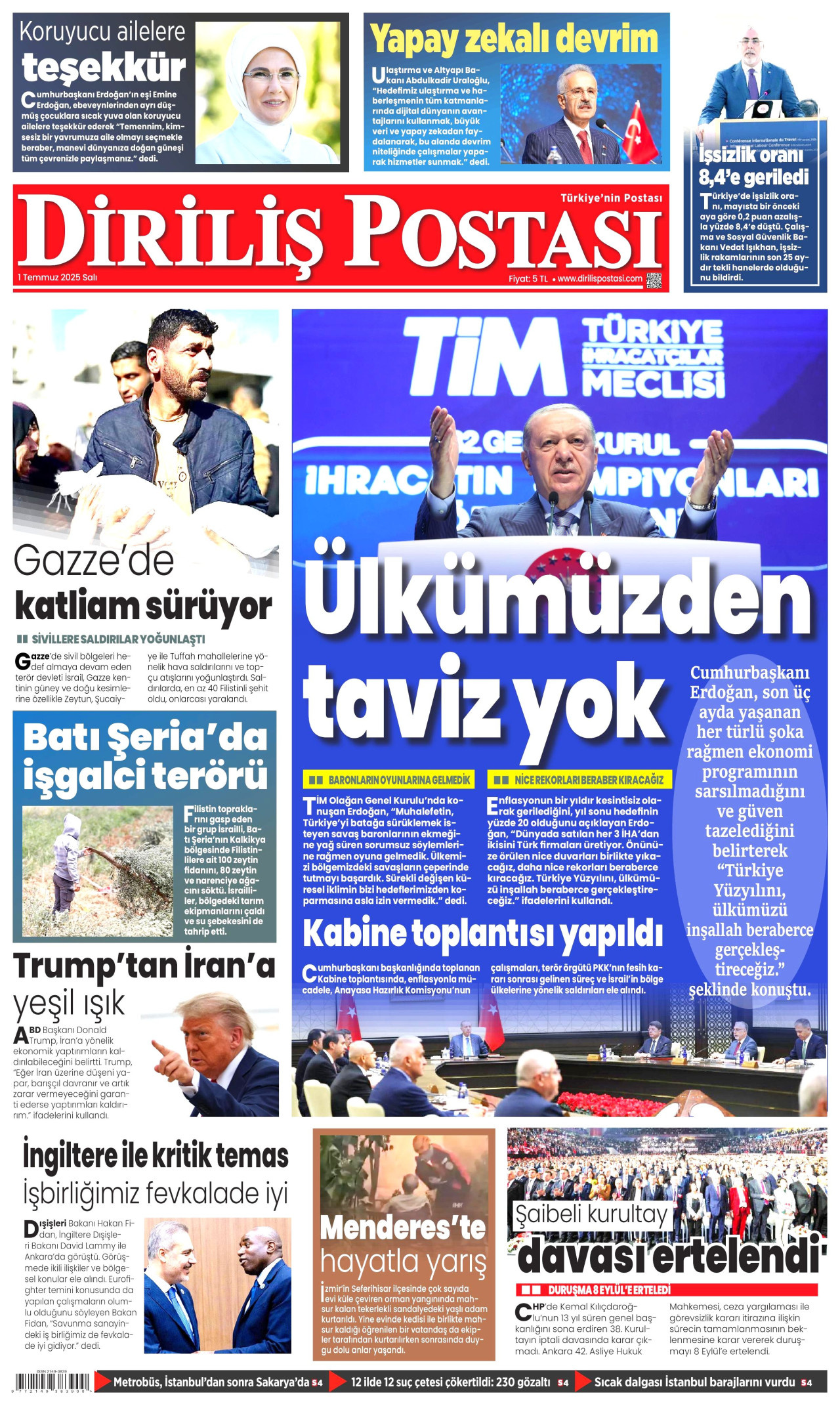 DİRİLİŞ POSTASI gazetesinin 1 Temmuz 2025 tarihli birinci sayfası