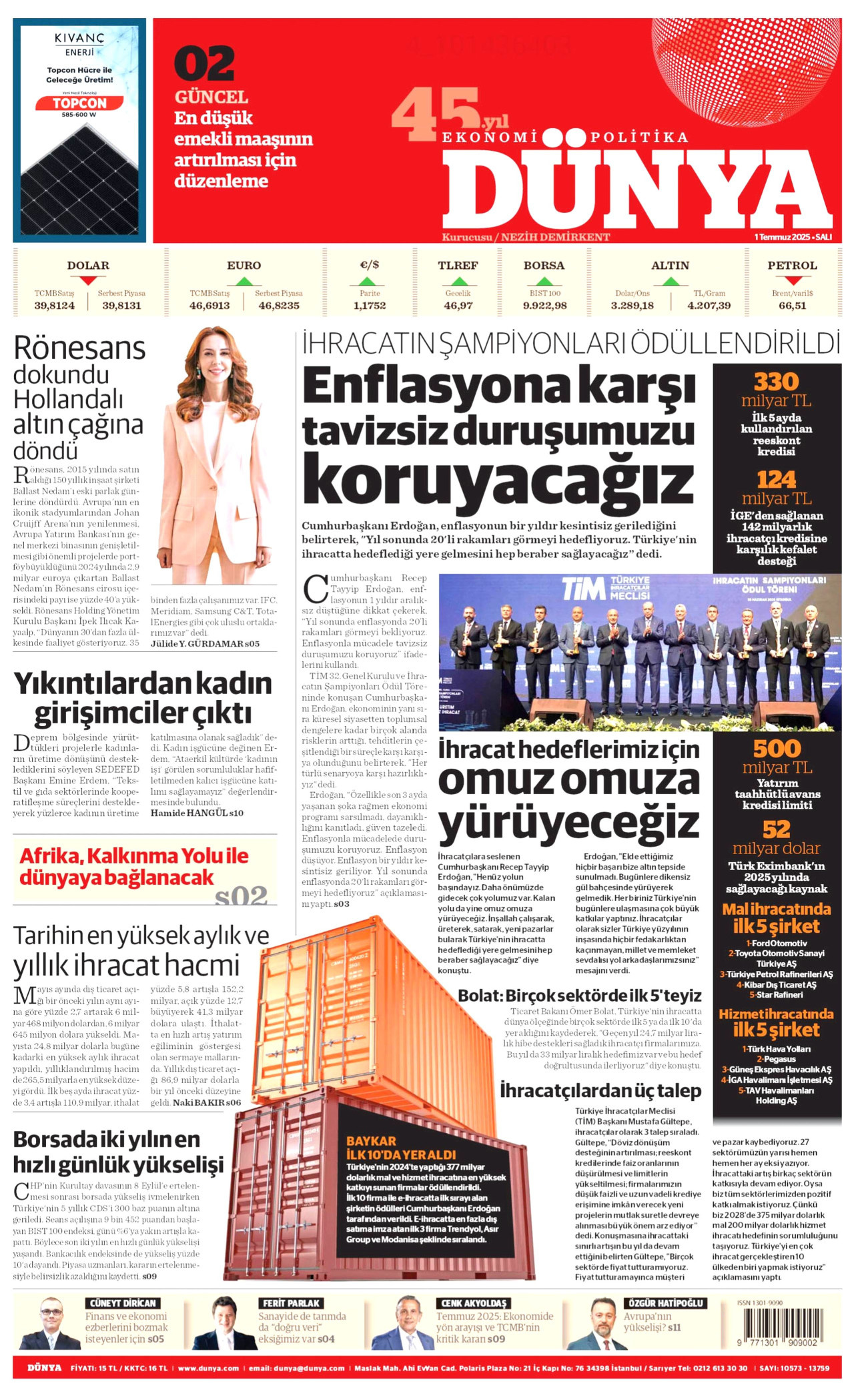 DÜNYA gazetesinin 1 Temmuz 2025 tarihli birinci sayfası