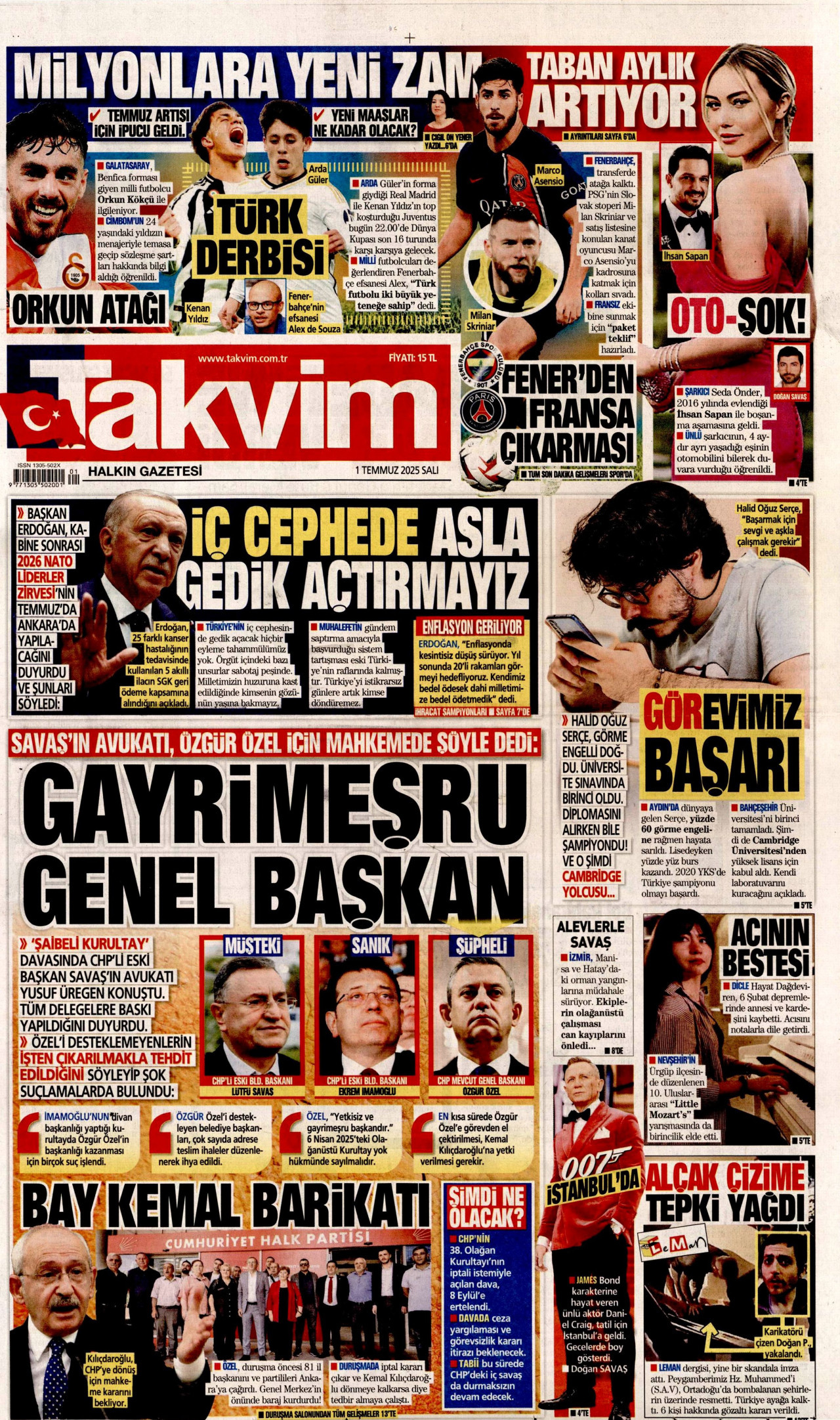 TAKVİM gazetesinin 1 Temmuz 2025 tarihli birinci sayfası