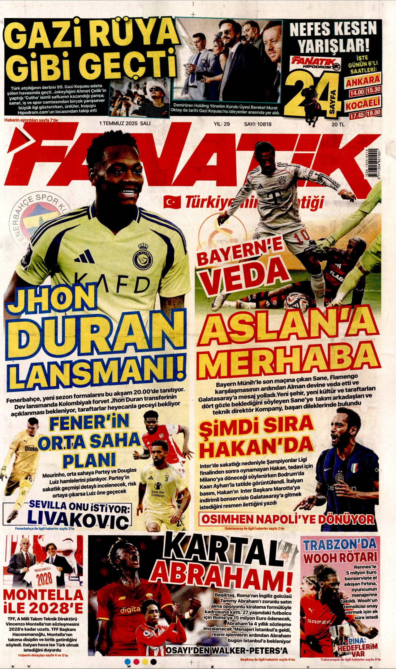 FANATİK gazetesinin 1 Temmuz 2025 tarihli birinci sayfası