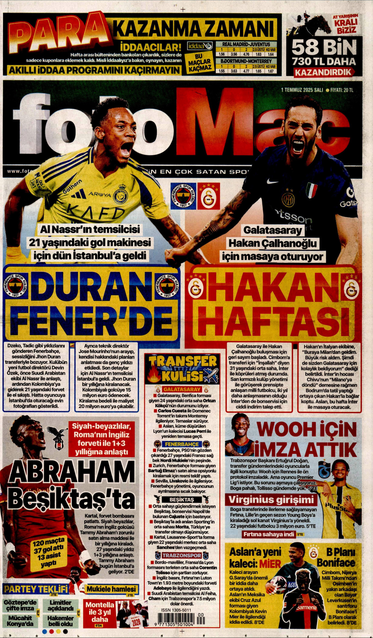 FOTOMAÇ gazetesinin 1 Temmuz 2025 tarihli birinci sayfası