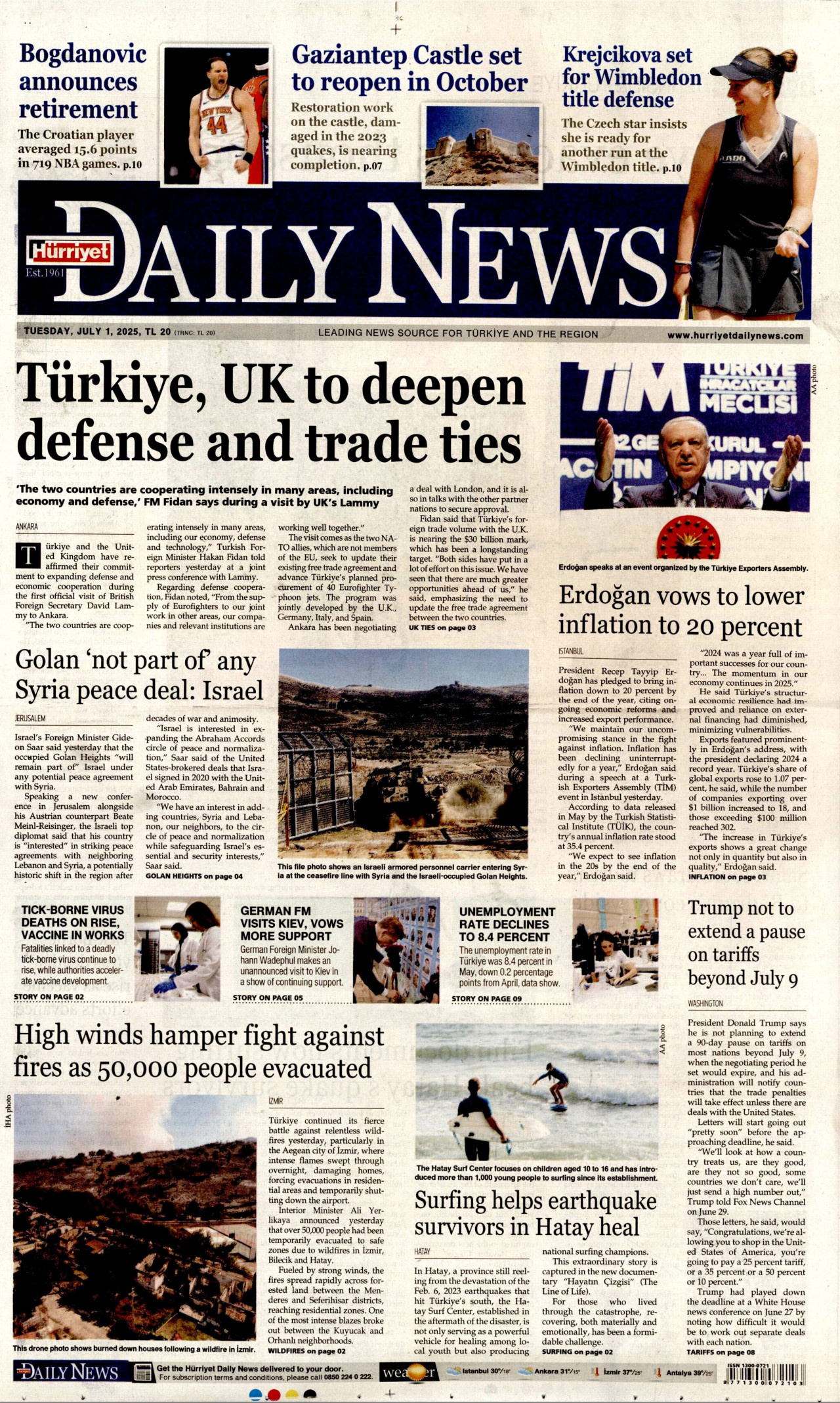 HÜRRİYET DAİLY NEWS gazetesinin 1 Temmuz 2025 tarihli birinci sayfası