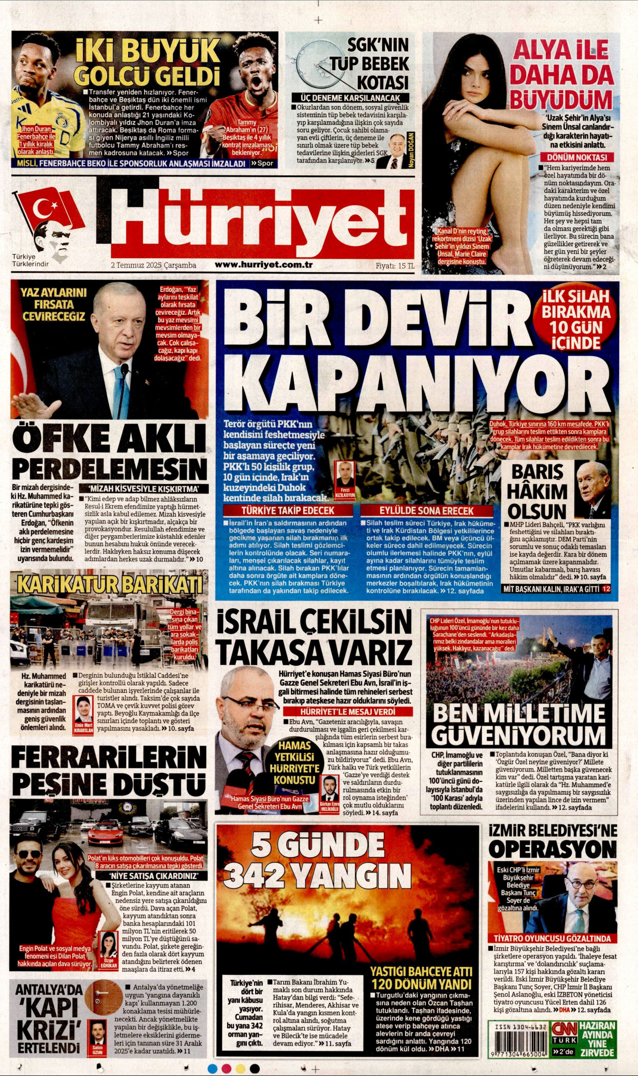 HÜRRİYET gazetesinin 2 Temmuz 2025 tarihli birinci sayfası