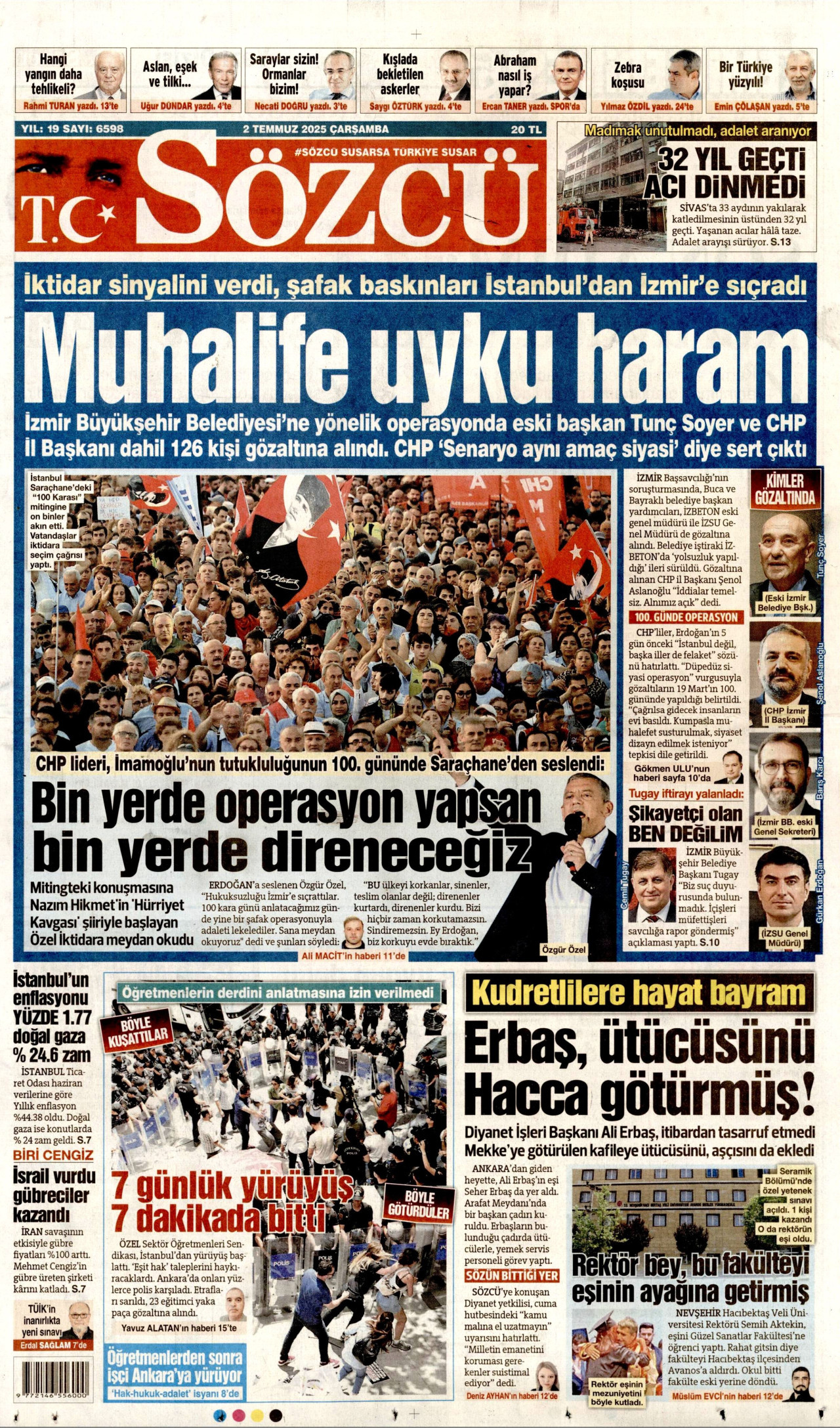 SÖZCÜ gazetesinin 2 Temmuz 2025 tarihli birinci sayfası