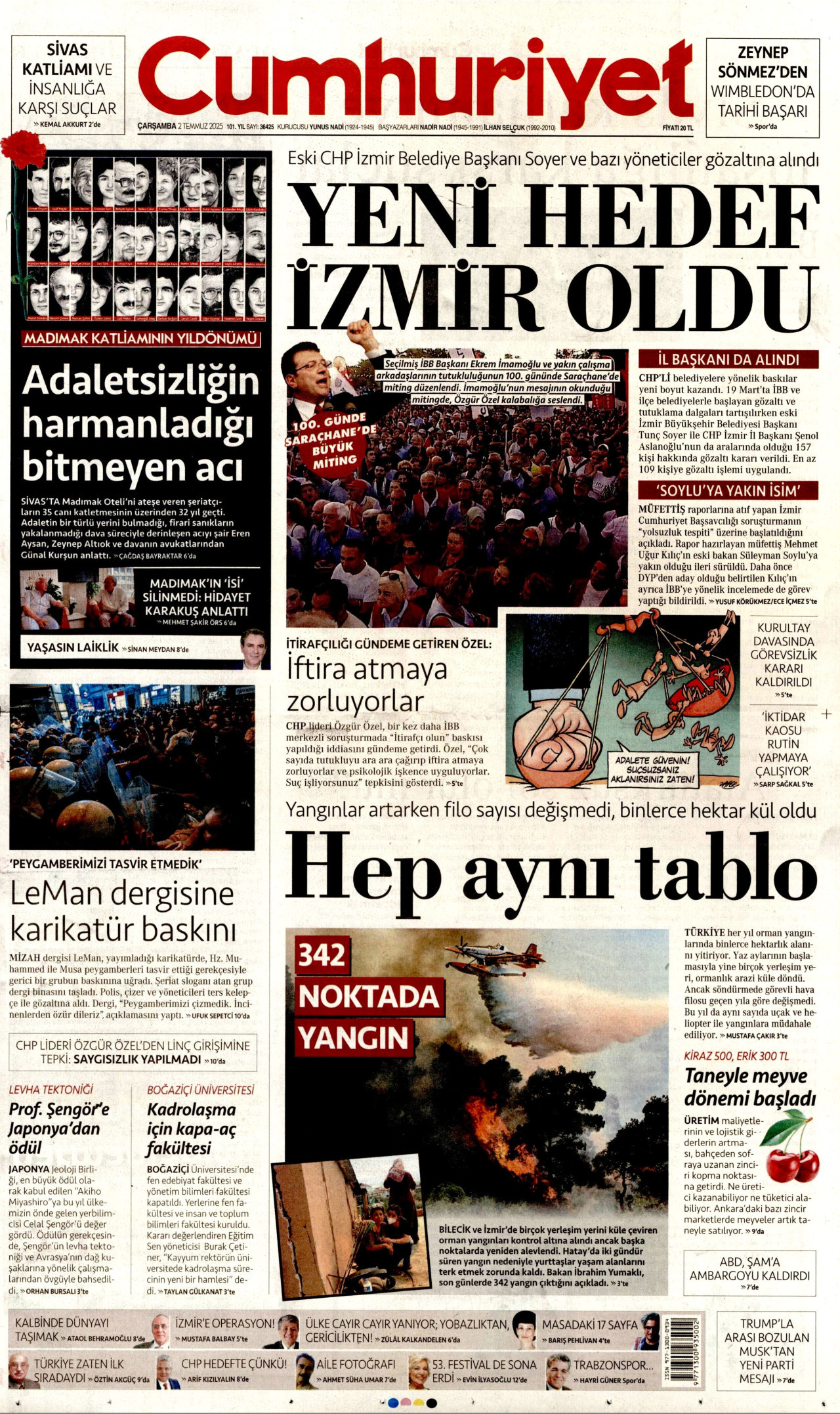 CUMHURİYET gazetesinin 2 Temmuz 2025 tarihli birinci sayfası