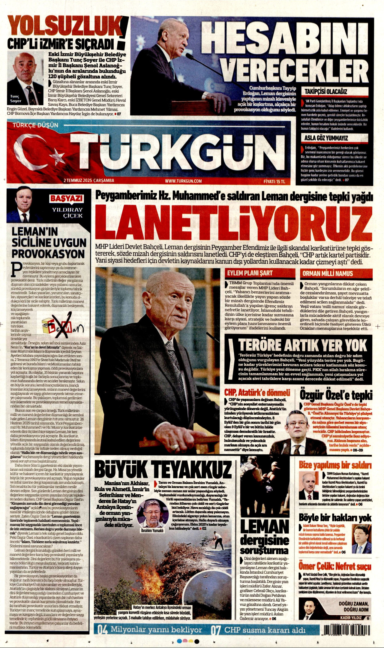 TÜRKGÜN gazetesinin 2 Temmuz 2025 tarihli birinci sayfası