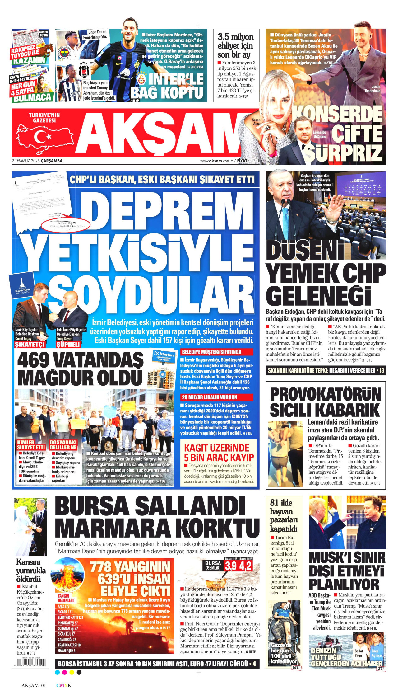 AKŞAM gazetesinin 2 Temmuz 2025 tarihli birinci sayfası