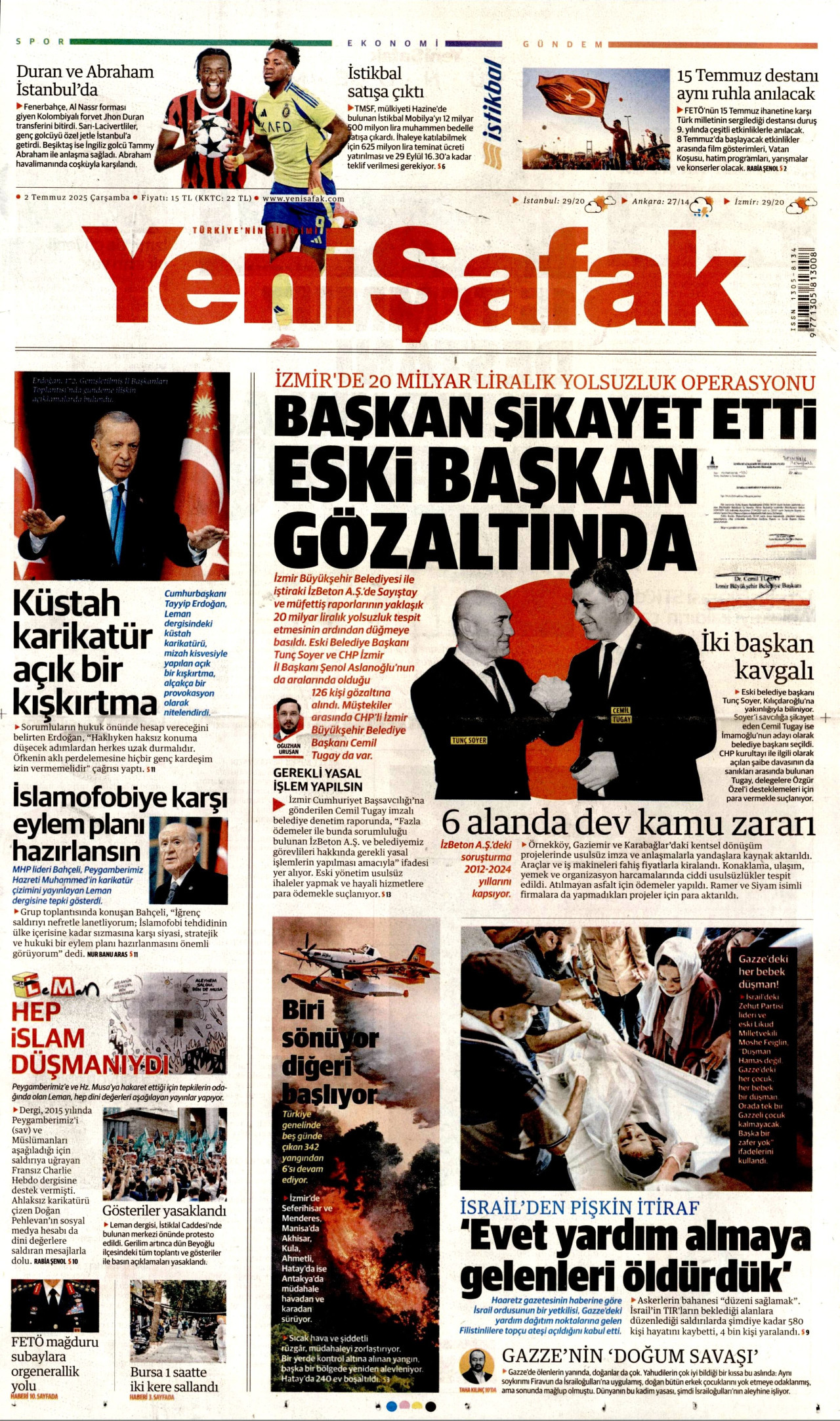 YENİ ŞAFAK gazetesinin 2 Temmuz 2025 tarihli birinci sayfası