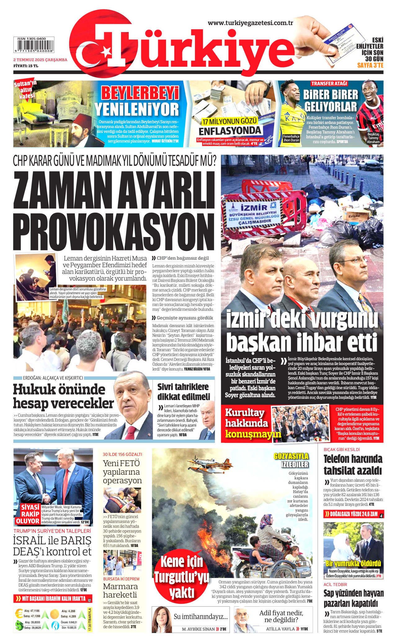 TÜRKİYE GAZETESİ gazetesinin 2 Temmuz 2025 tarihli birinci sayfası