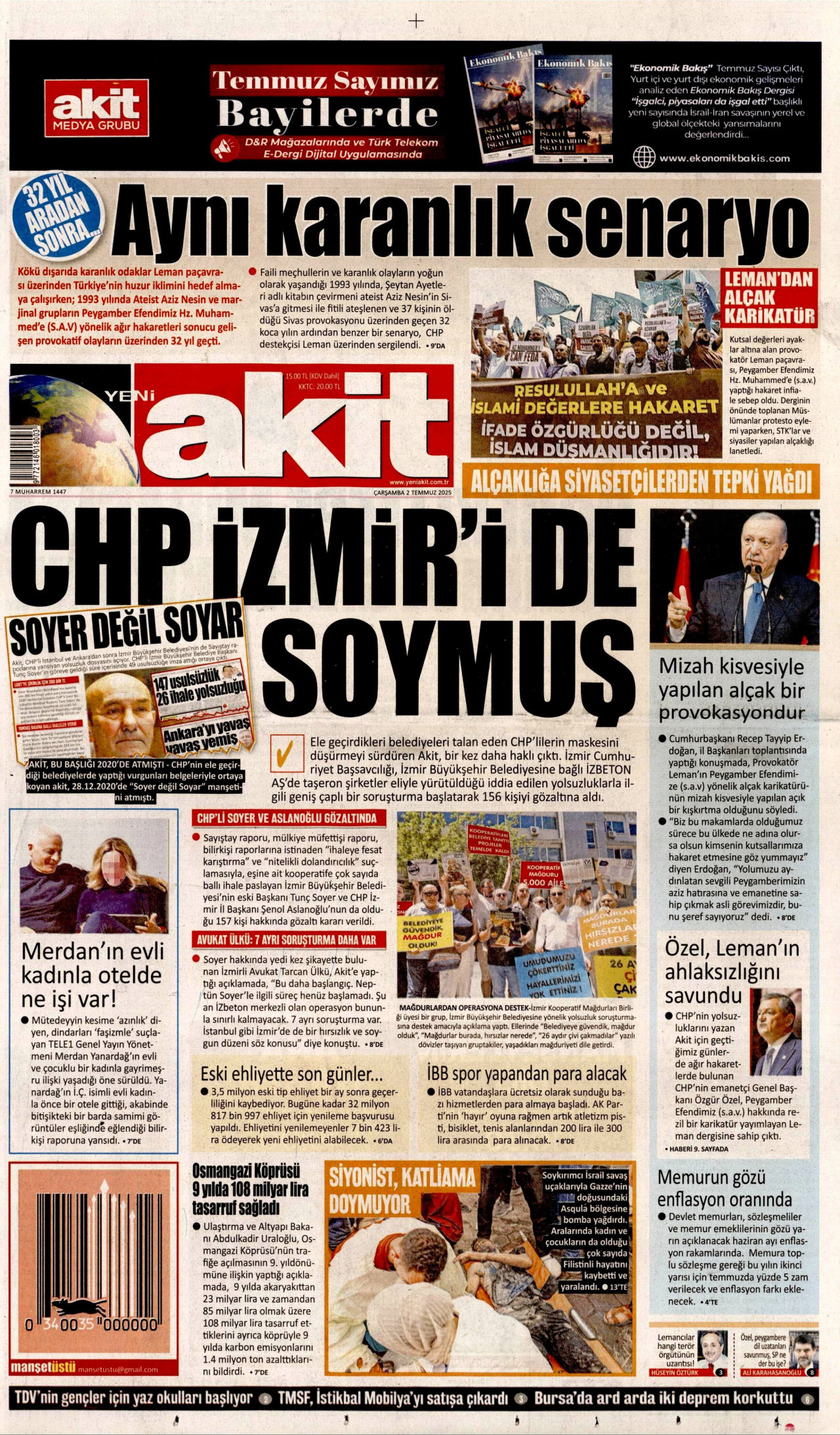YENİ AKİT gazetesinin 2 Temmuz 2025 tarihli birinci sayfası