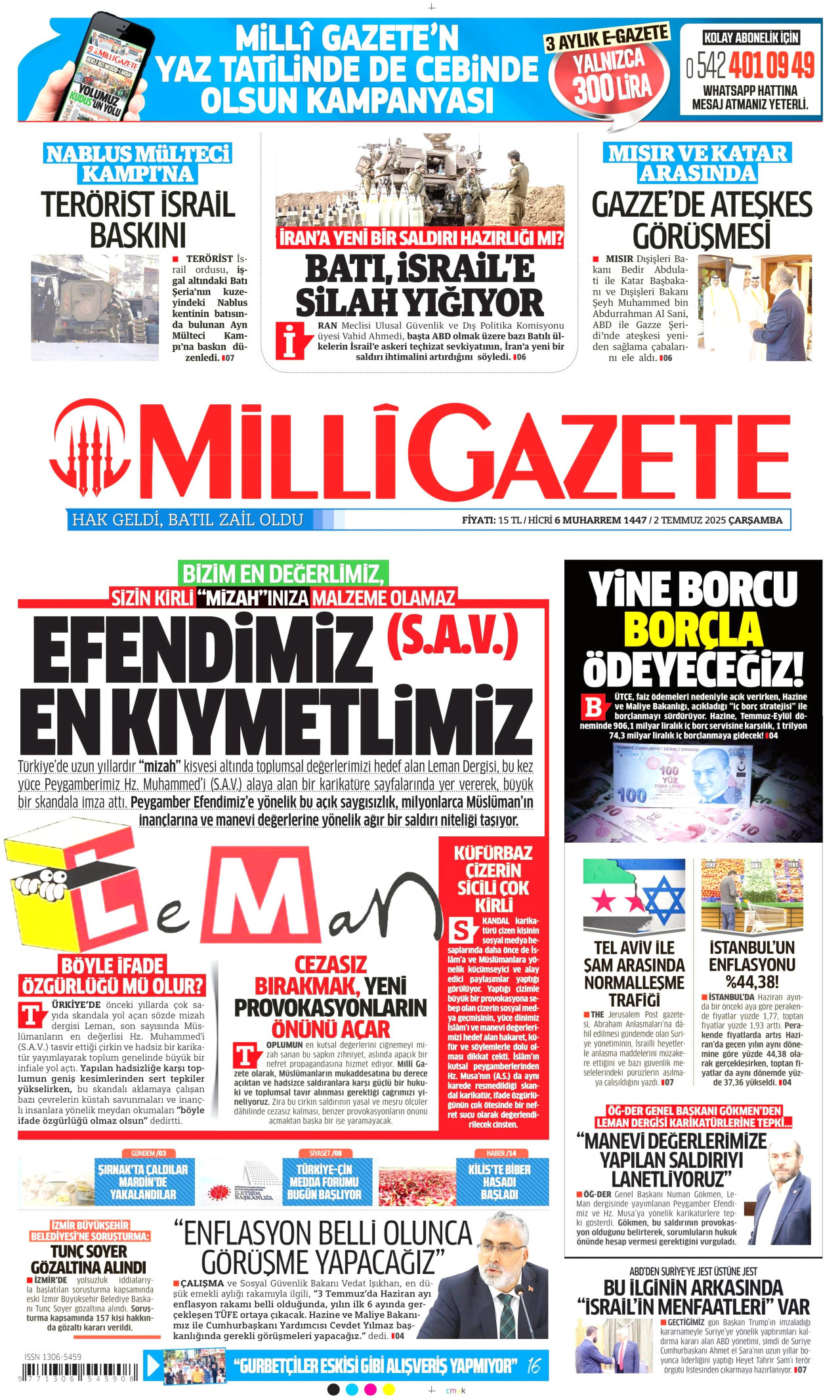 MİLLİ GAZETE gazetesinin 2 Temmuz 2025 tarihli birinci sayfası
