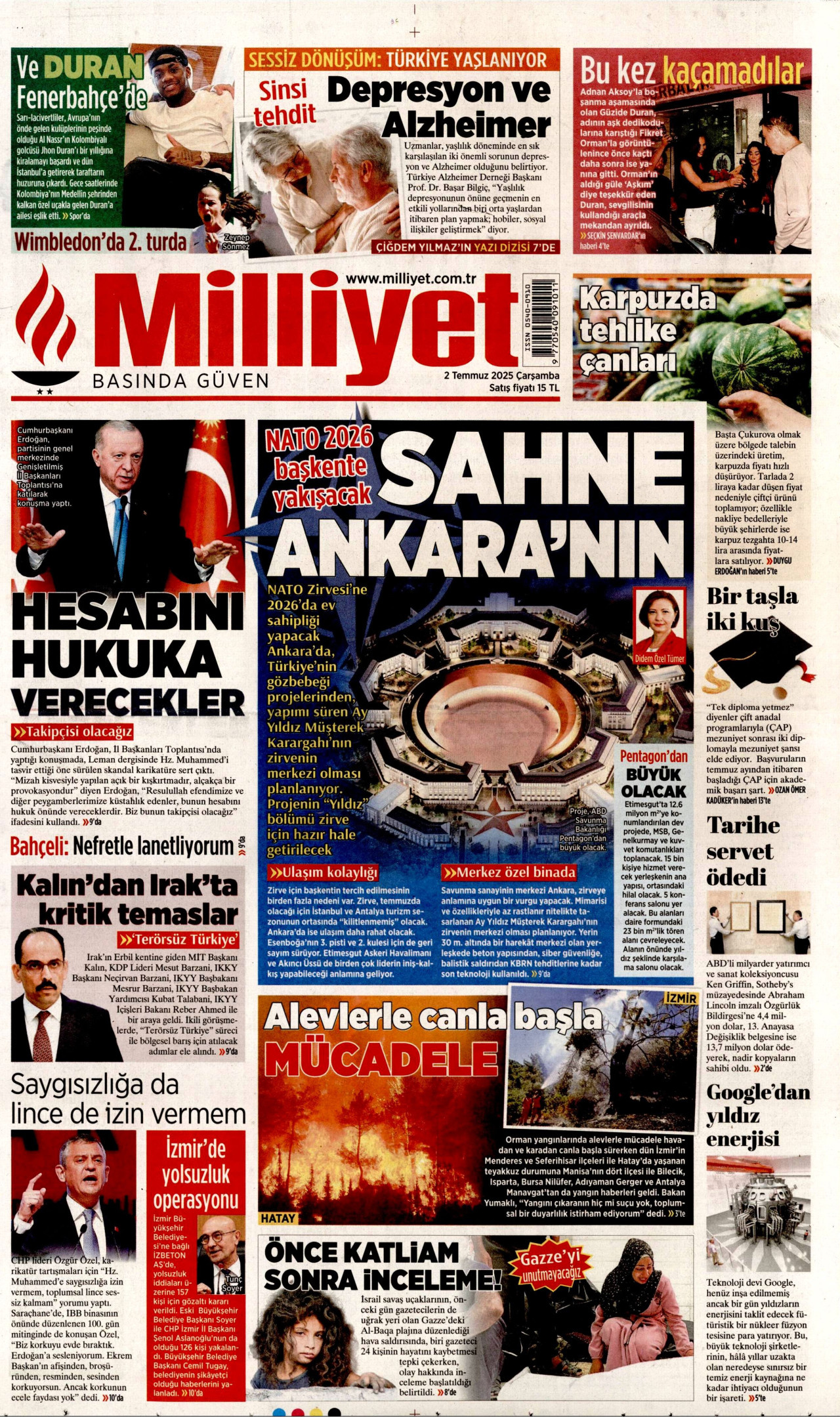 MİLLİYET gazetesinin 2 Temmuz 2025 tarihli birinci sayfası