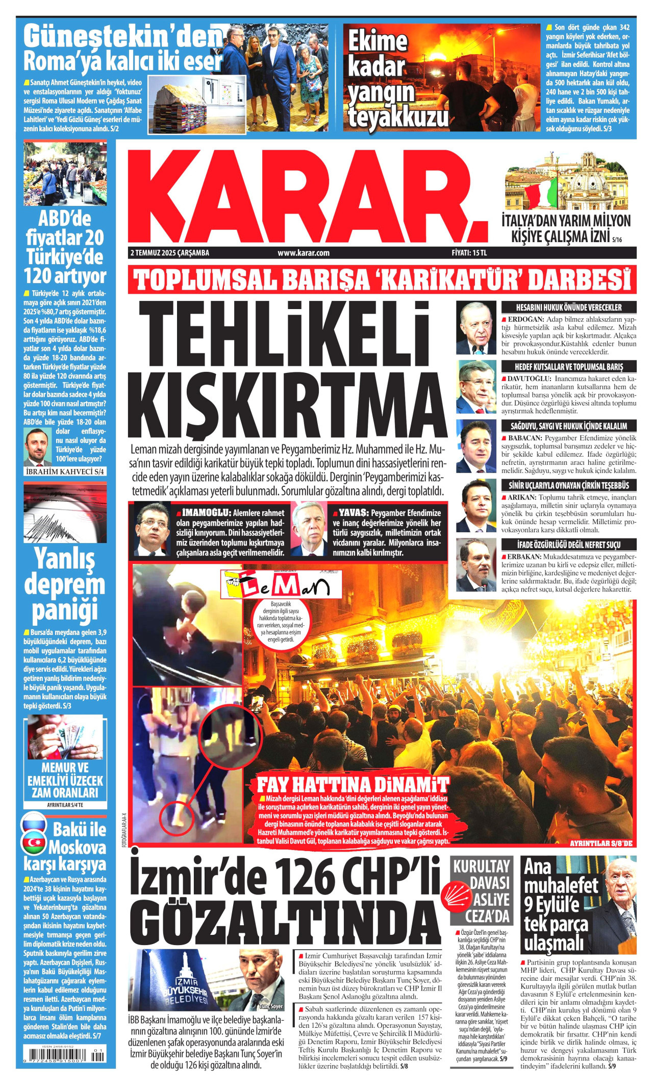 KARAR gazetesinin 2 Temmuz 2025 tarihli birinci sayfası