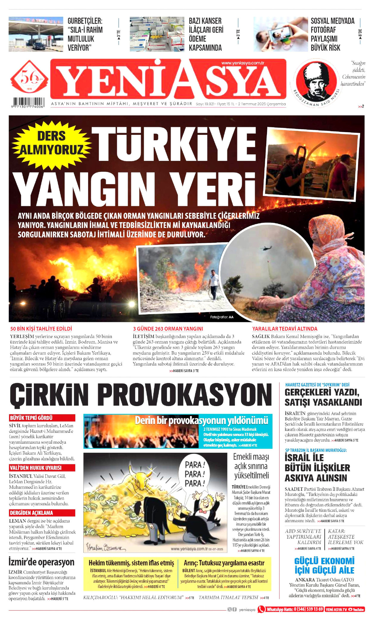 YENİ ASYA gazetesinin 2 Temmuz 2025 tarihli birinci sayfası