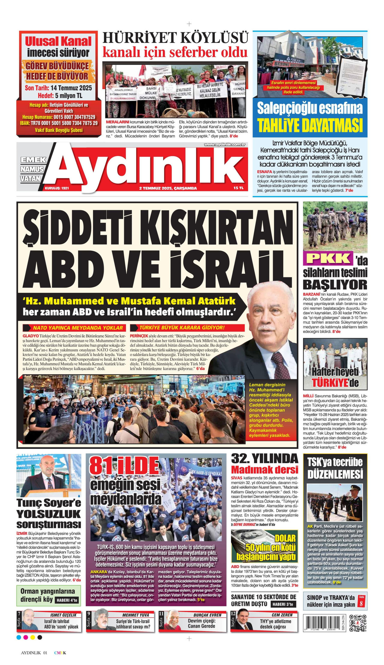 AYDINLIK GAZETESİ gazetesinin 2 Temmuz 2025 tarihli birinci sayfası