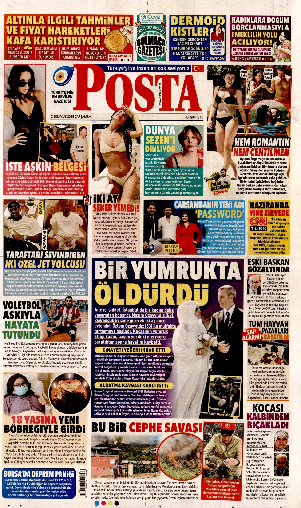 POSTA gazetesinin 2 Temmuz 2025 tarihli birinci sayfası