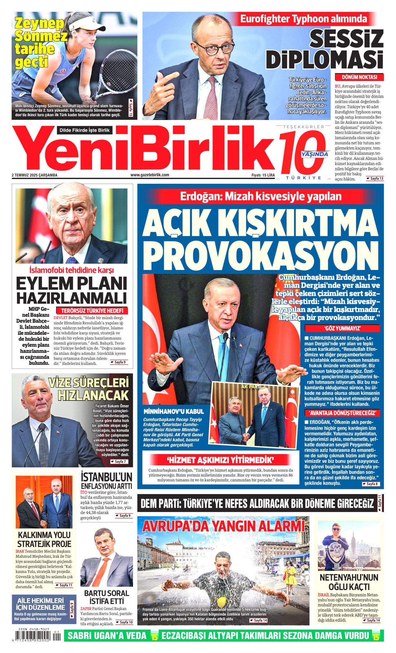 YENİBİRLİK gazetesinin 2 Temmuz 2025 tarihli birinci sayfası
