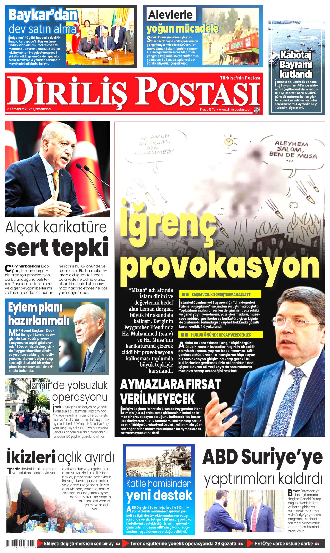 DİRİLİŞ POSTASI gazetesinin 2 Temmuz 2025 tarihli birinci sayfası