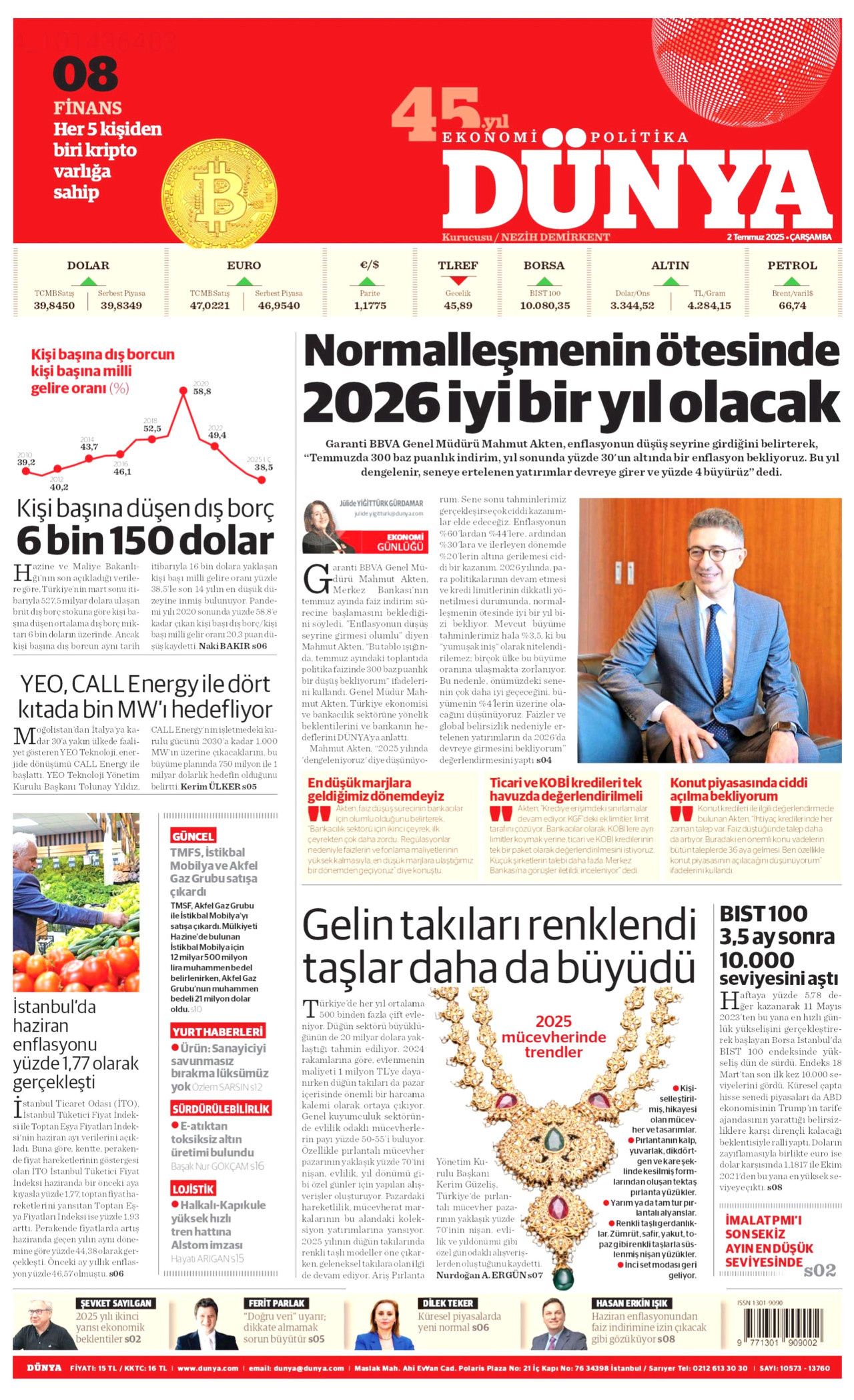 DÜNYA gazetesinin 2 Temmuz 2025 tarihli birinci sayfası