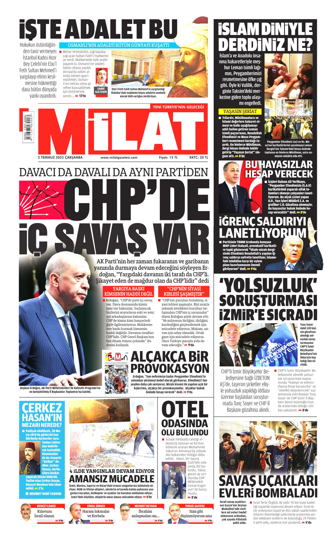 MİLAT gazetesinin 2 Temmuz 2025 tarihli birinci sayfası