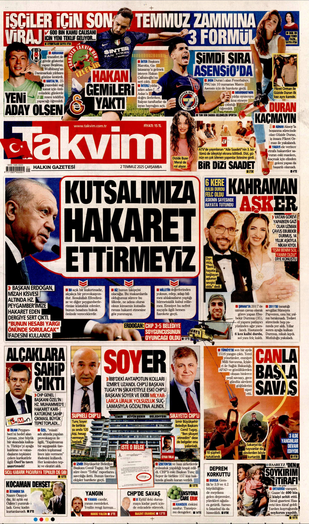 TAKVİM gazetesinin 2 Temmuz 2025 tarihli birinci sayfası