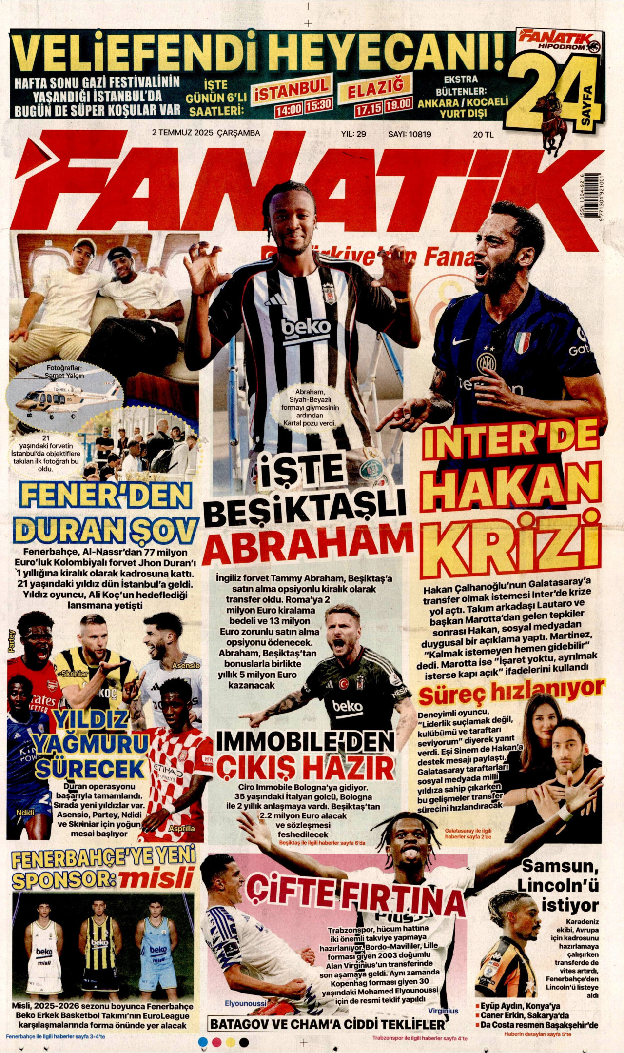 FANATİK gazetesinin 2 Temmuz 2025 tarihli birinci sayfası