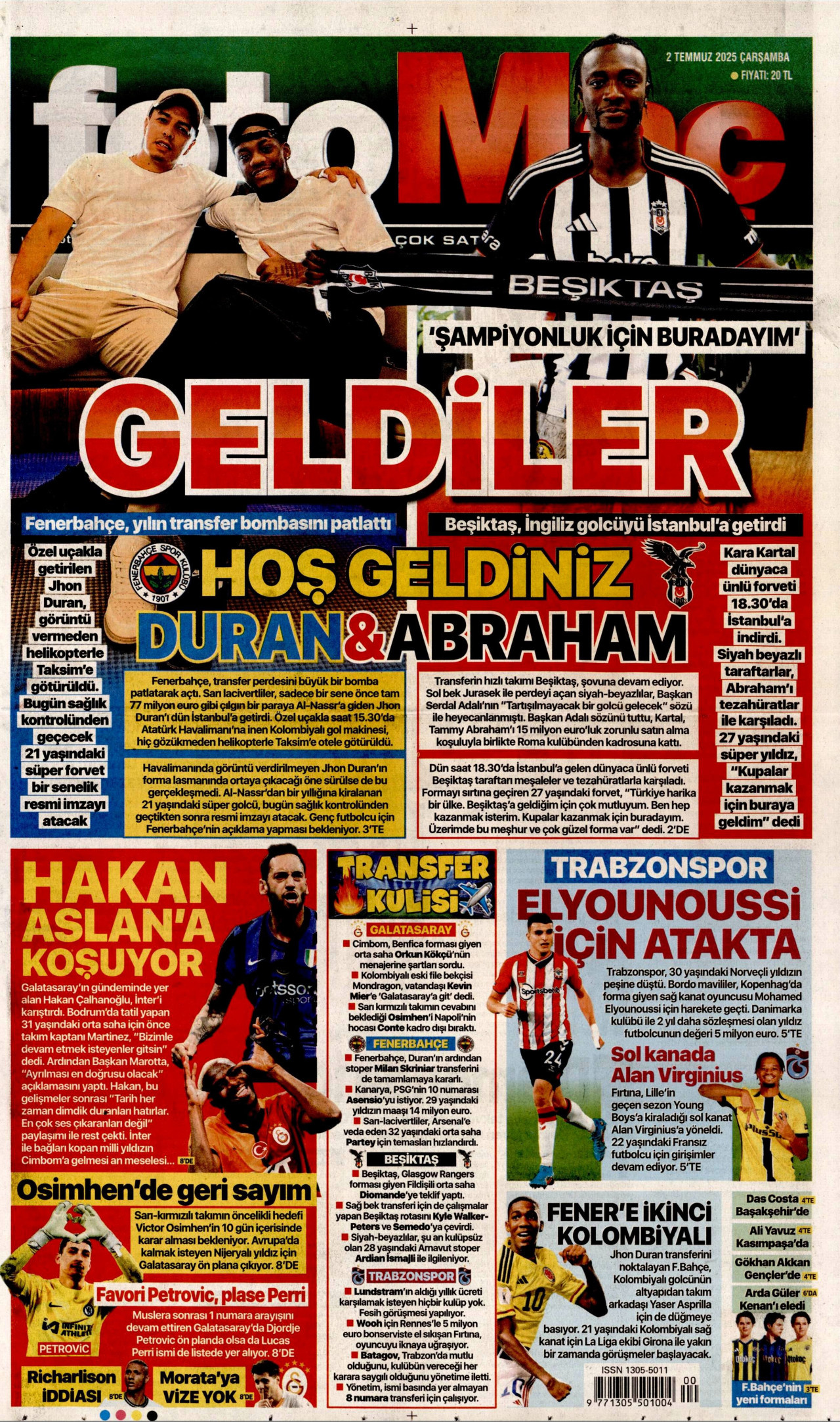 FOTOMAÇ gazetesinin 2 Temmuz 2025 tarihli birinci sayfası