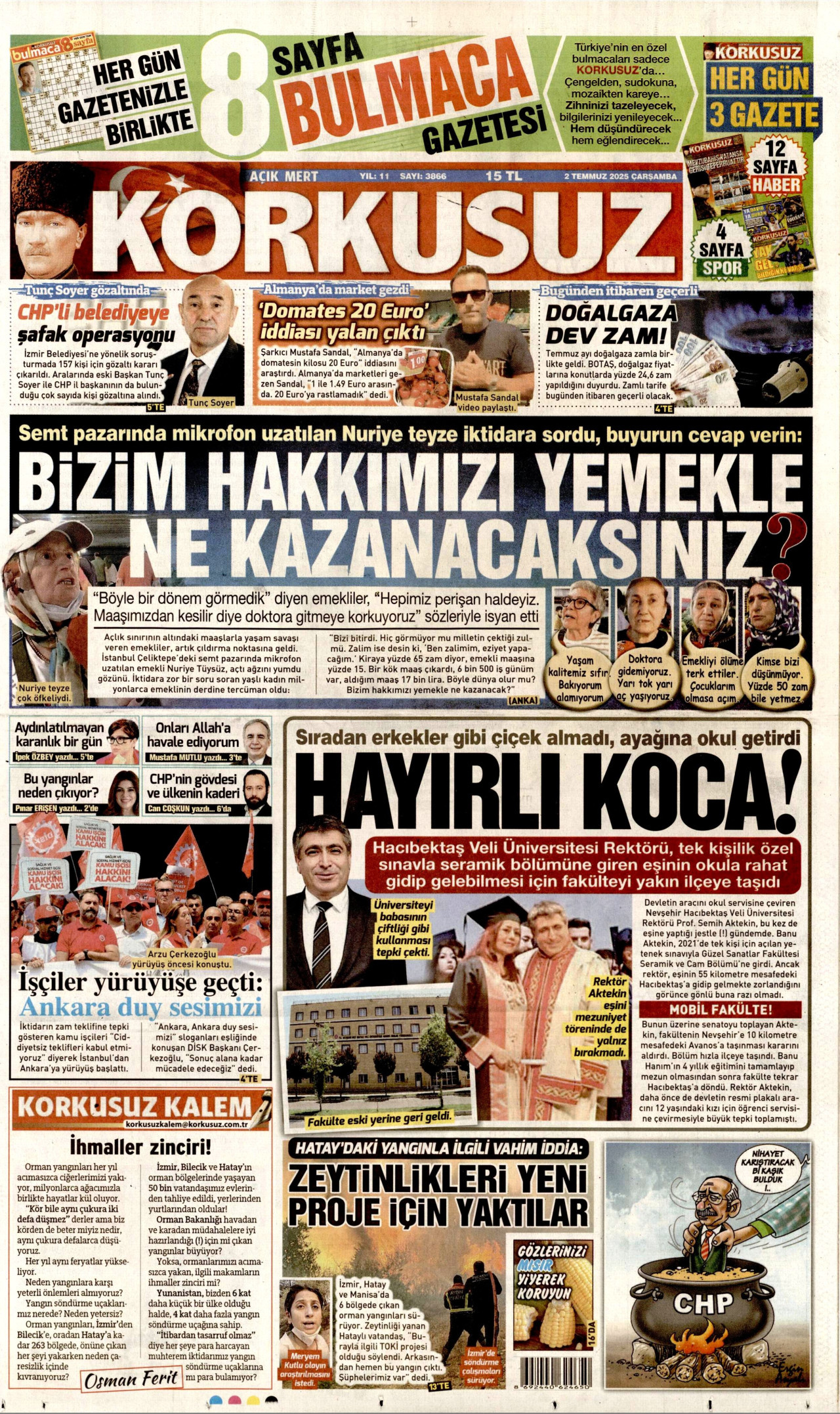 KORKUSUZ gazetesinin 2 Temmuz 2025 tarihli birinci sayfası