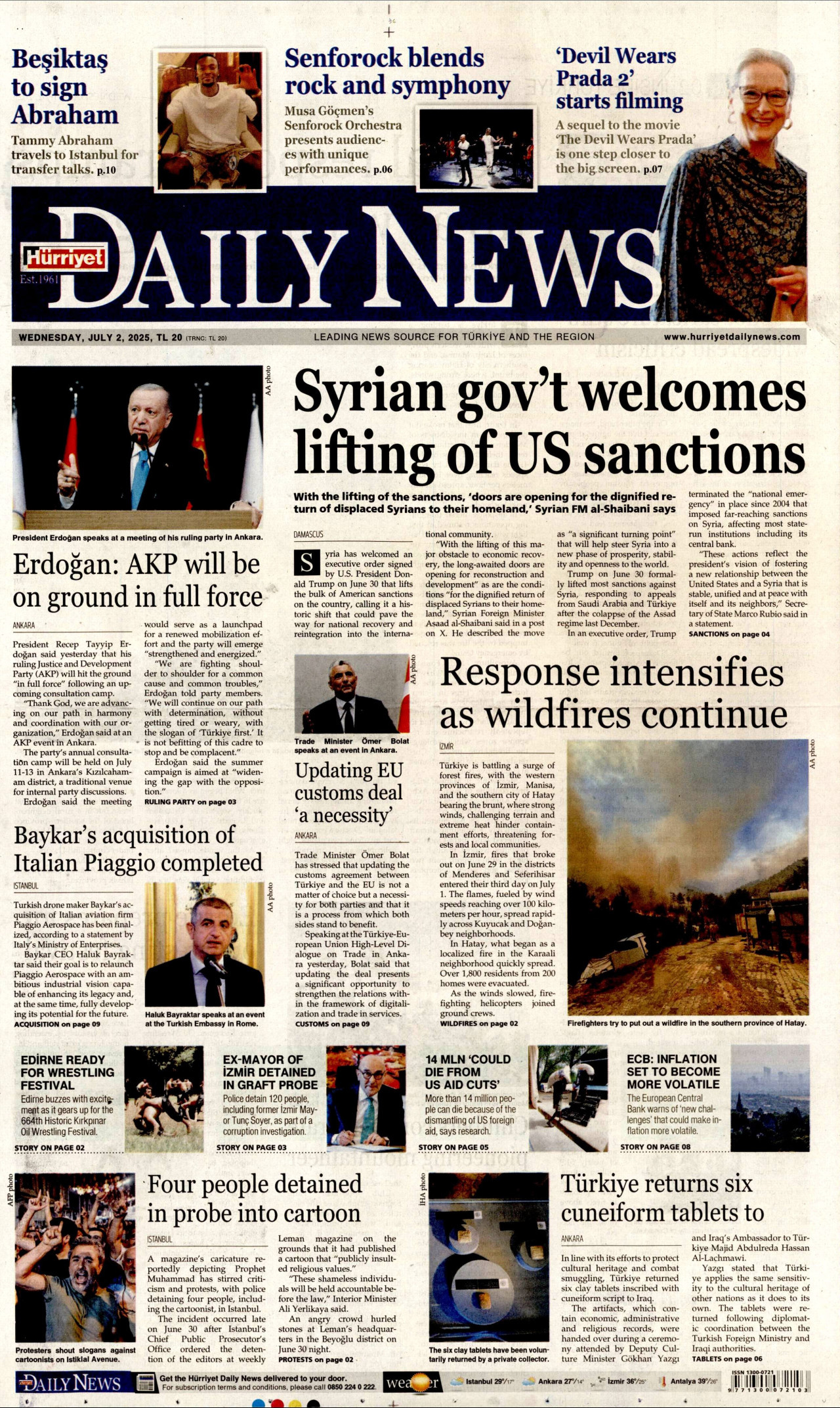 HÜRRİYET DAİLY NEWS gazetesinin 2 Temmuz 2025 tarihli birinci sayfası